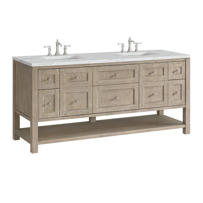 James Martin Vanities Breckenridge 72" Whitewashed Oak Double Vanity With 3 cm Ethereal Noctis Quartz Top