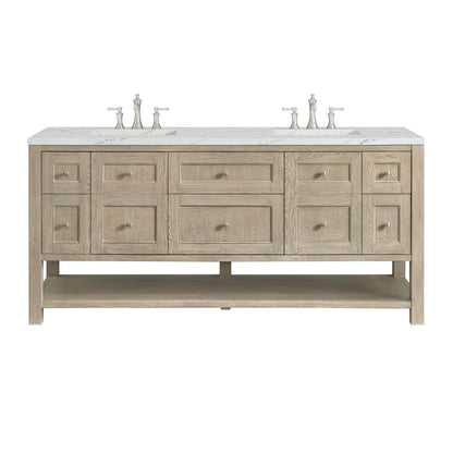 James Martin Vanities Breckenridge 72" Whitewashed Oak Double Vanity With 3 cm Ethereal Noctis Quartz Top