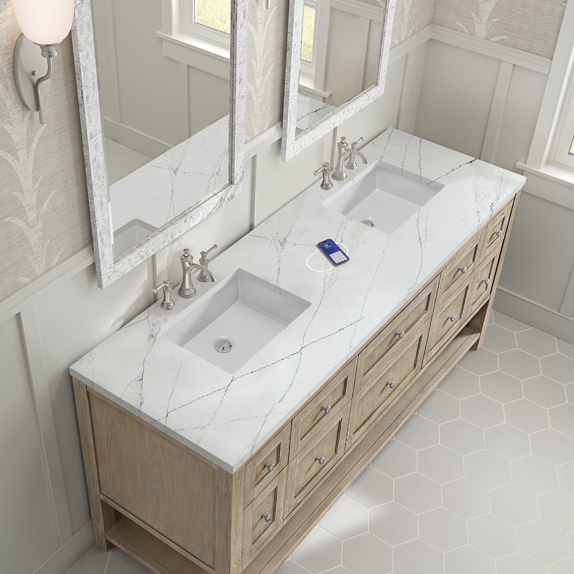 James Martin Vanities Breckenridge 72" Whitewashed Oak Double Vanity With 3 cm Ethereal Noctis Silestone Top and FreePower Wireless Charger
