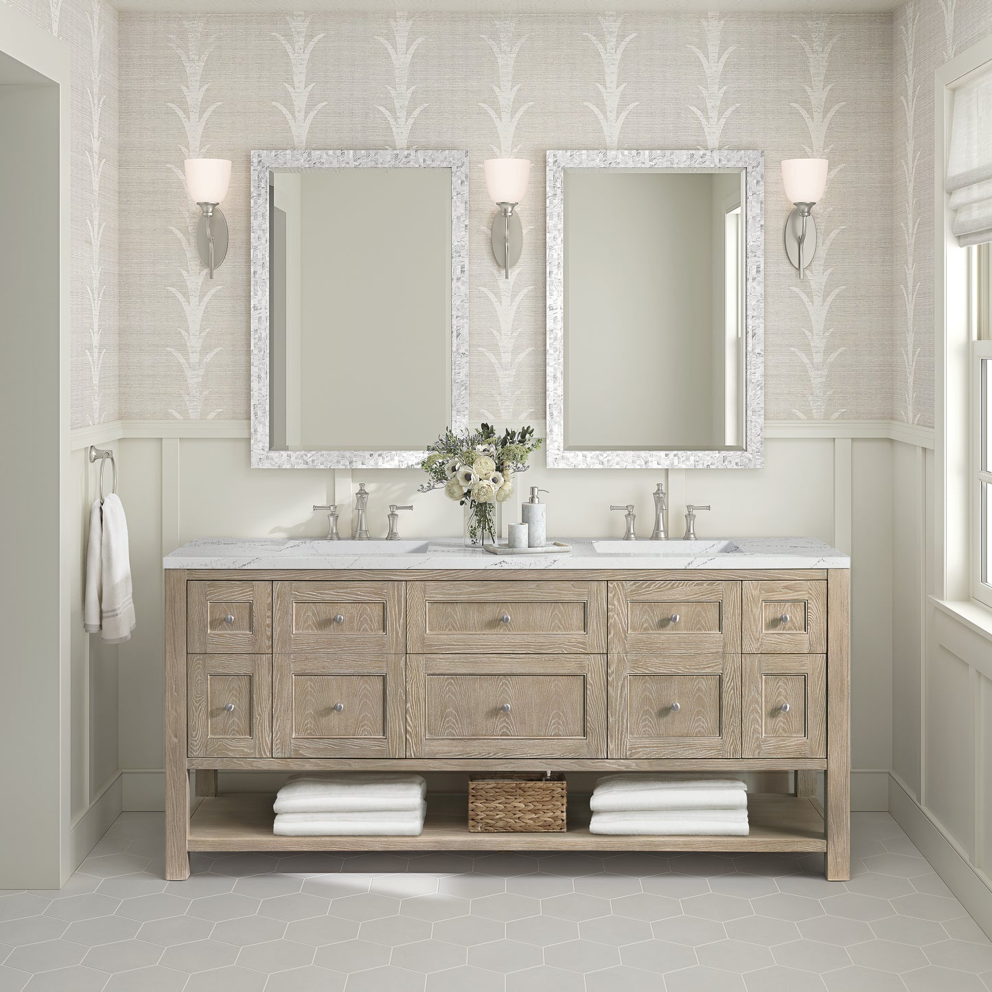 James Martin Vanities Breckenridge 72" Whitewashed Oak Double Vanity With 3 cm Ethereal Noctis Silestone Top and FreePower Wireless Charger