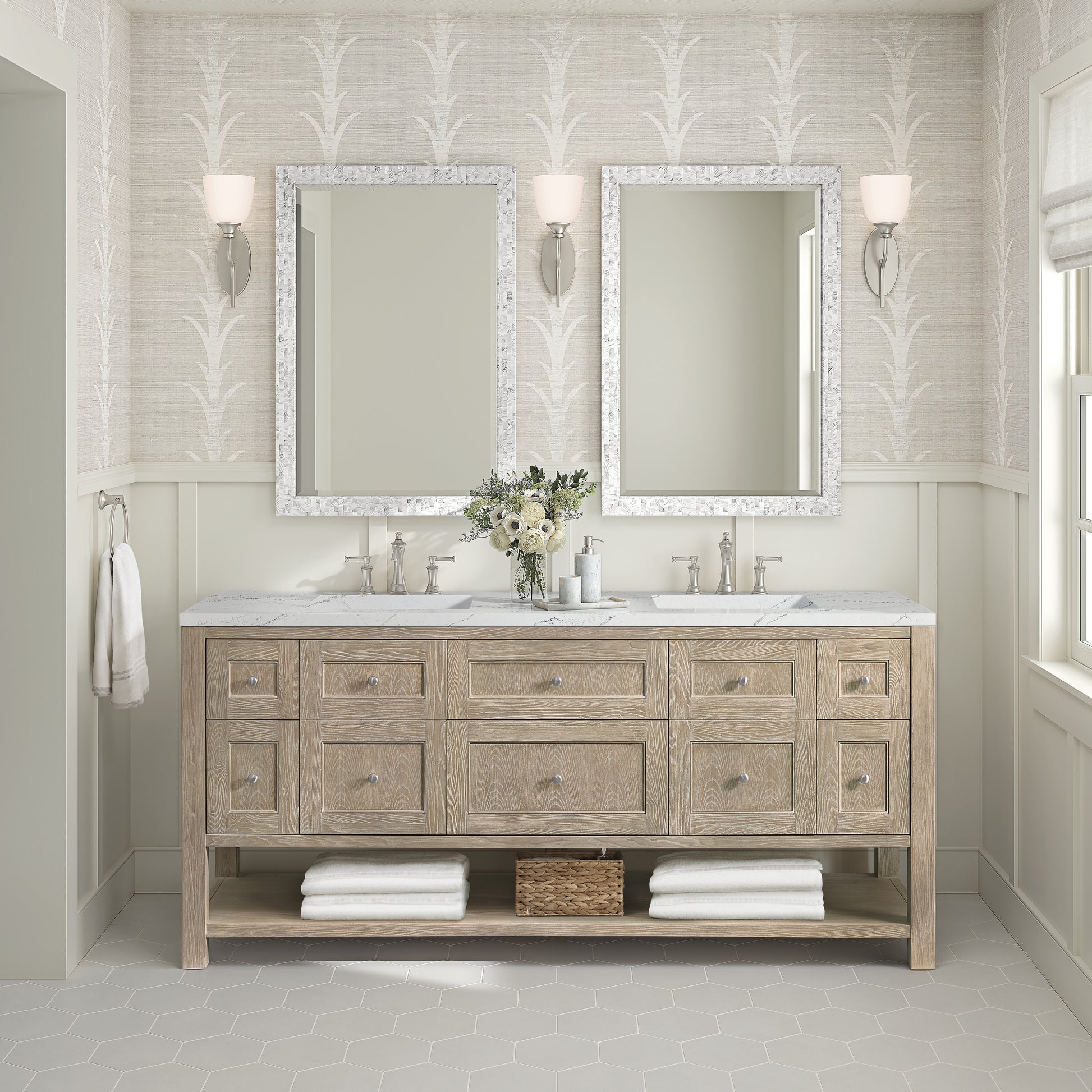 James Martin Vanities Breckenridge 72" Whitewashed Oak Double Vanity With 3 cm Ethereal Noctis Silestone Top and FreePower Wireless Charger