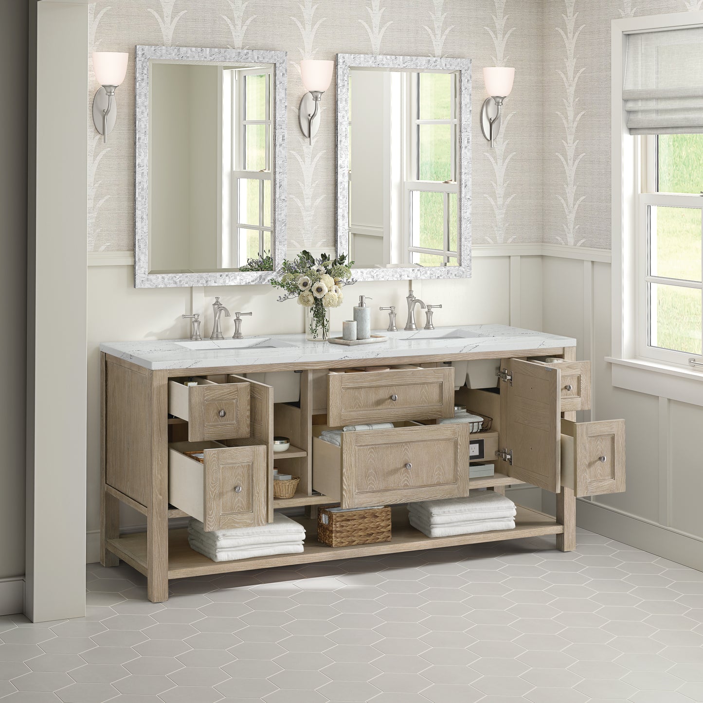 James Martin Vanities Breckenridge 72" Whitewashed Oak Double Vanity With 3 cm Ethereal Noctis Silestone Top and FreePower Wireless Charger