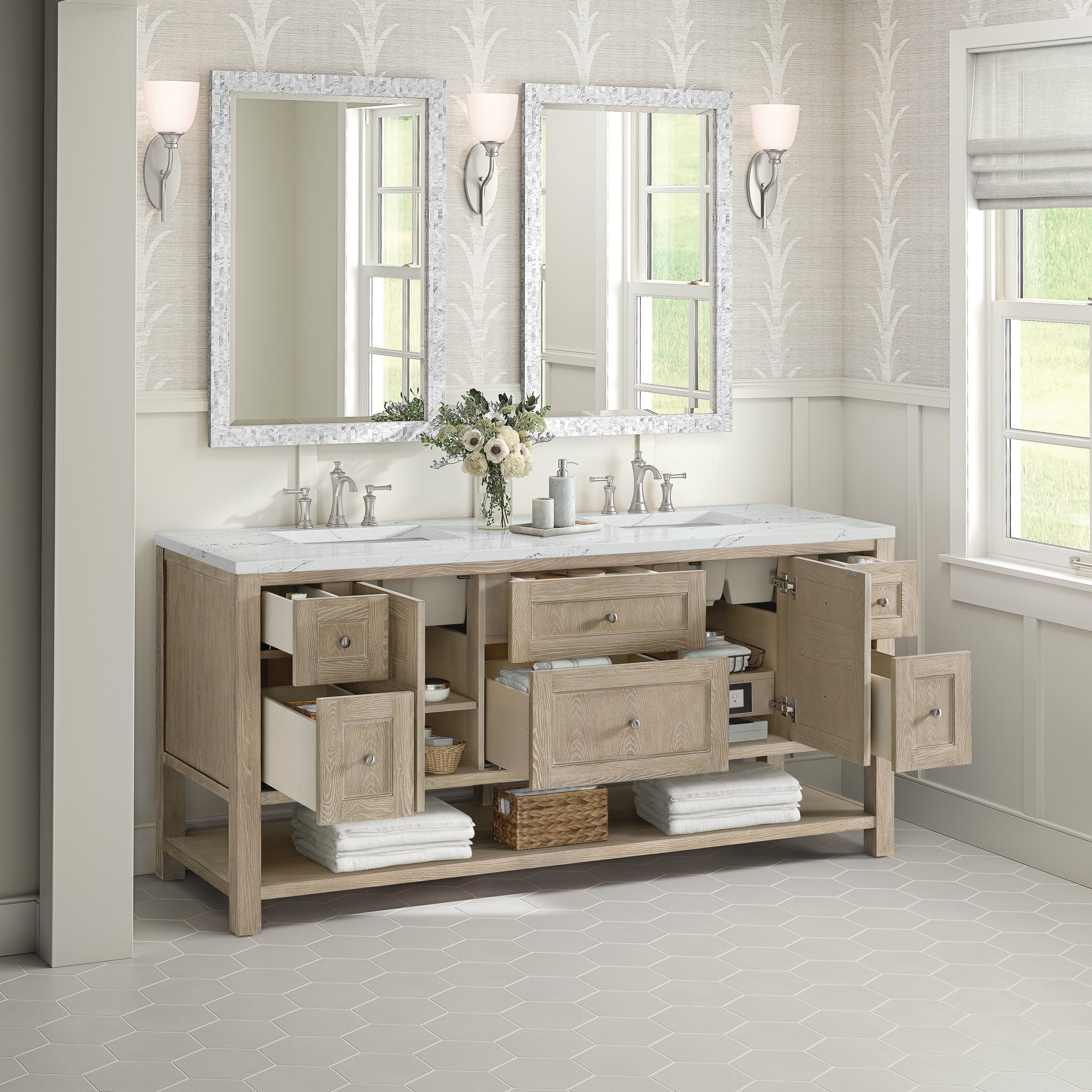 James Martin Vanities Breckenridge 72" Whitewashed Oak Double Vanity With 3 cm Ethereal Noctis Silestone Top and FreePower Wireless Charger