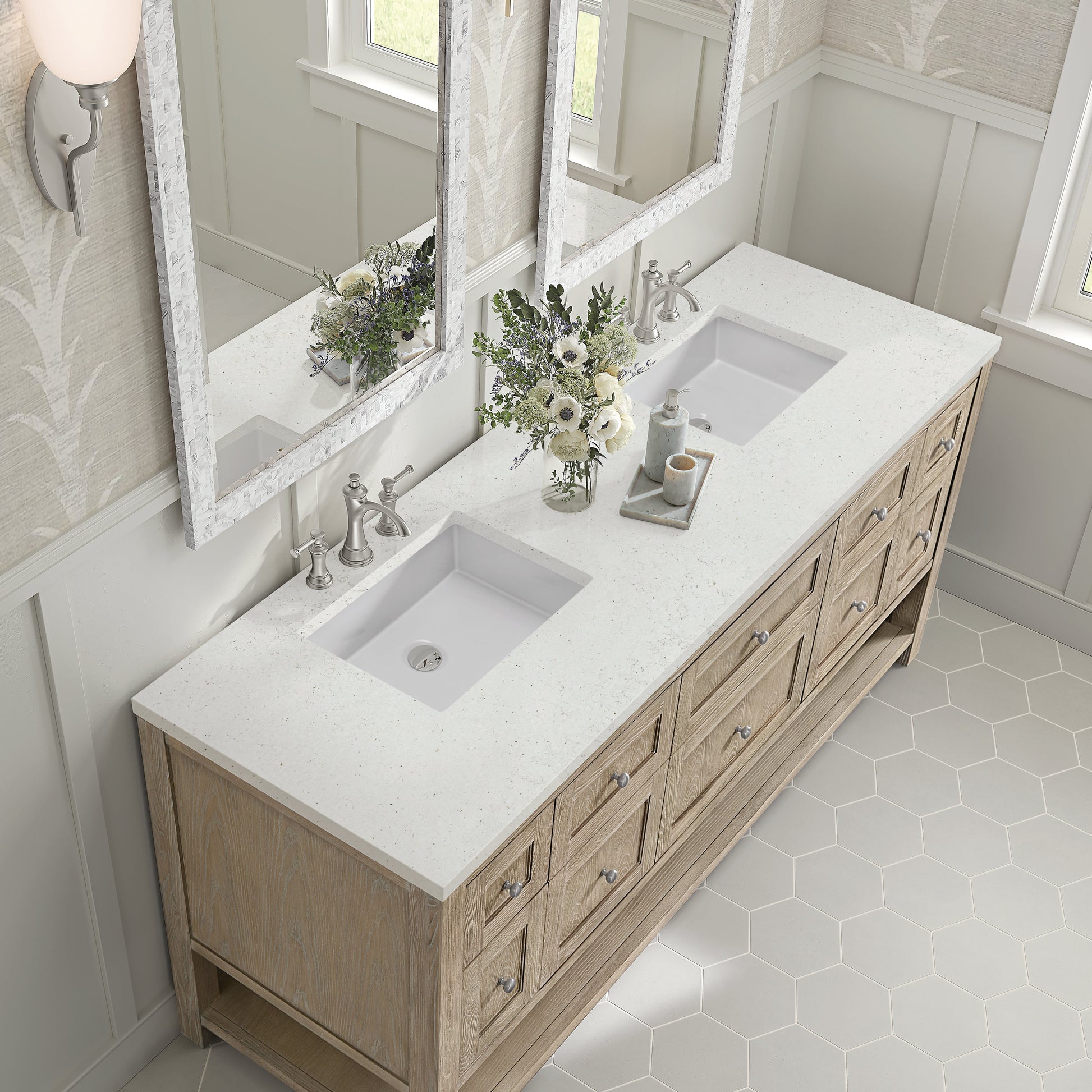 James Martin Vanities Breckenridge 72" Whitewashed Oak Double Vanity With 3 cm Lime Delight Quartz Top