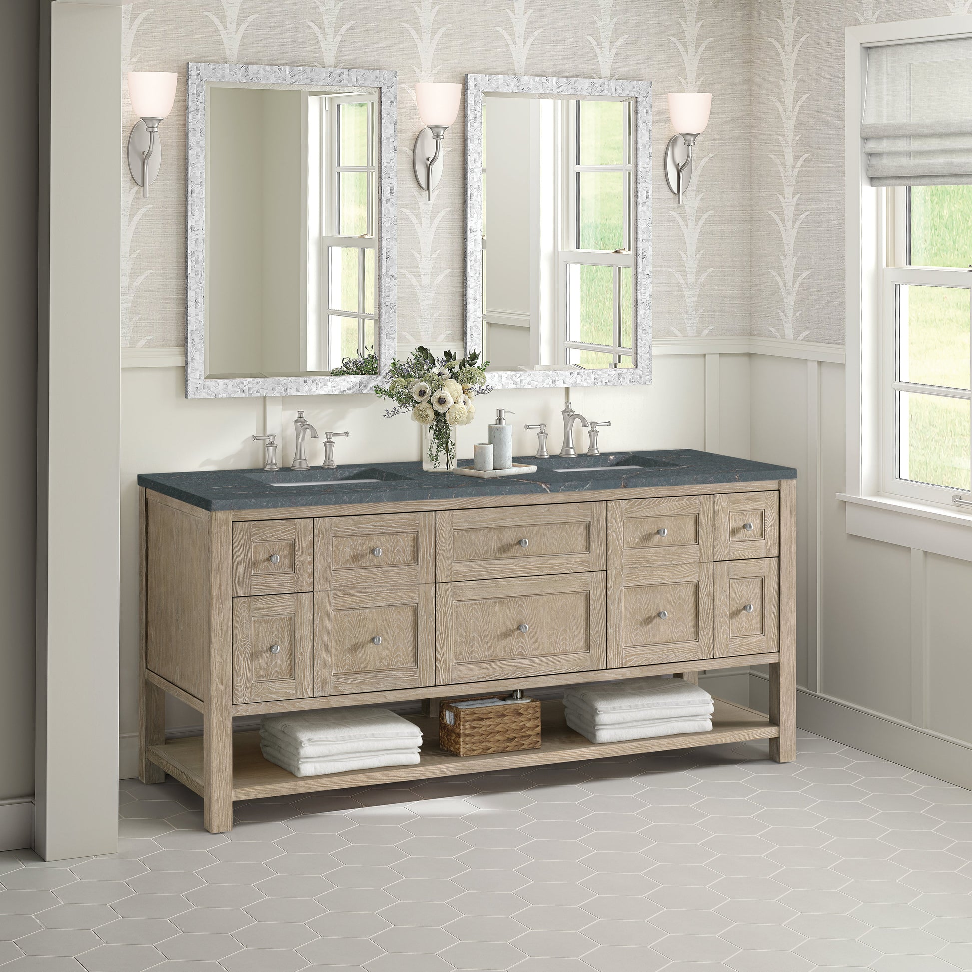 James Martin Vanities Breckenridge 72" Whitewashed Oak Double Vanity With 3 cm Parisien Bleu Quartz Top