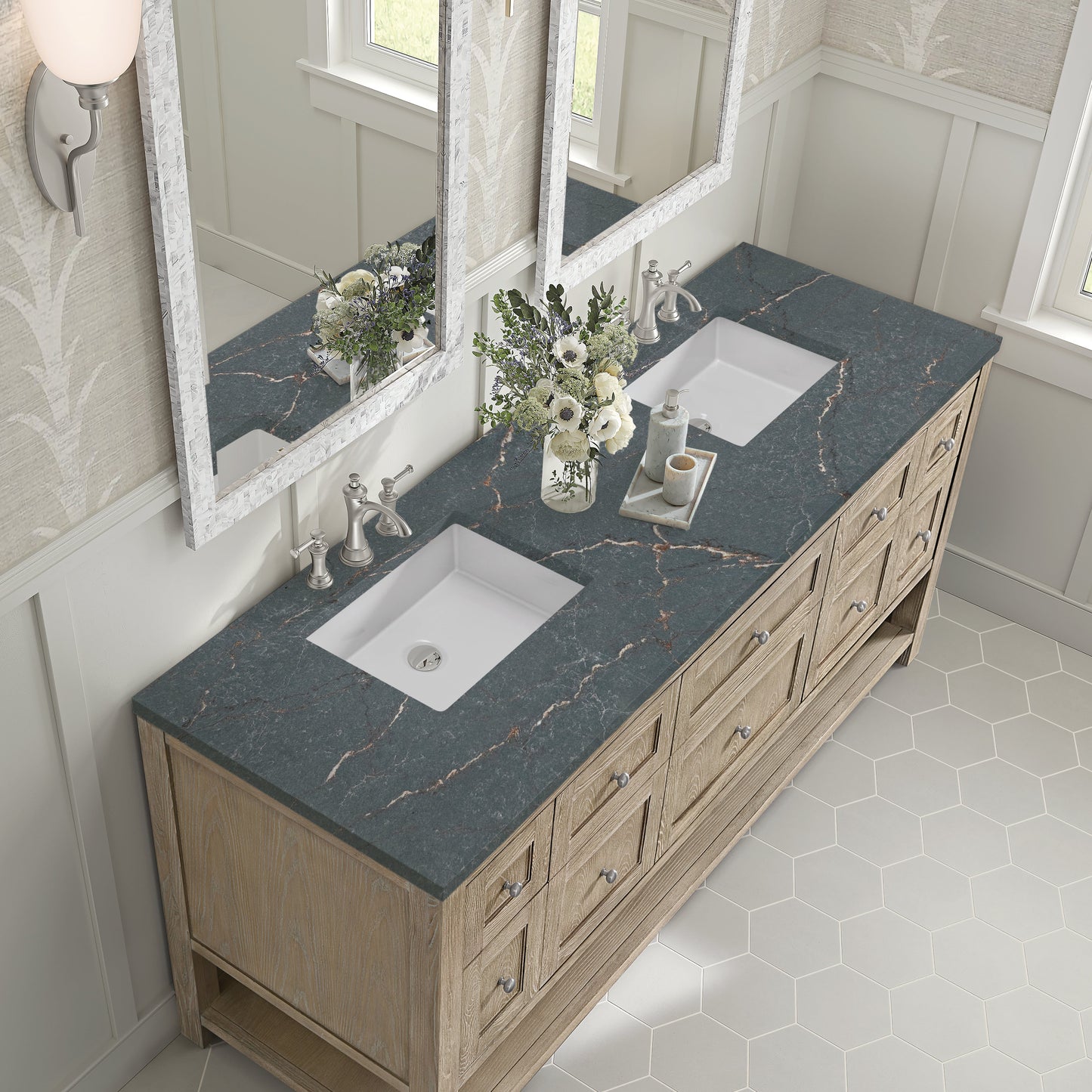 James Martin Vanities Breckenridge 72" Whitewashed Oak Double Vanity With 3 cm Parisien Bleu Quartz Top