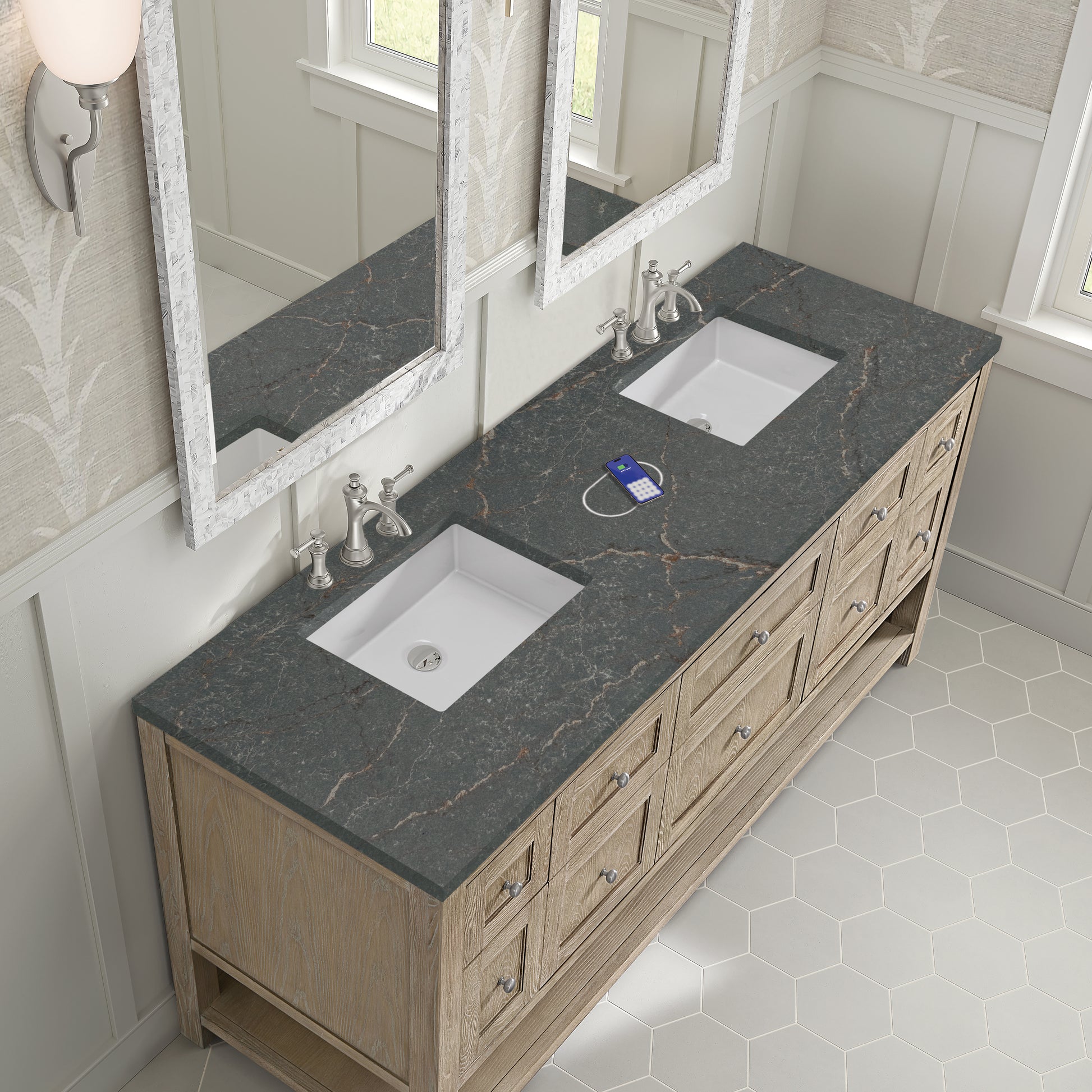 James Martin Vanities Breckenridge 72" Whitewashed Oak Double Vanity With 3 cm Parisien Bleu Silestone Top and FreePower Wireless Charger