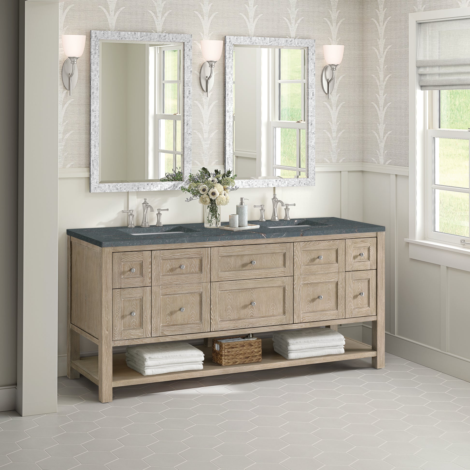James Martin Vanities Breckenridge 72" Whitewashed Oak Double Vanity With 3 cm Parisien Bleu Silestone Top and FreePower Wireless Charger