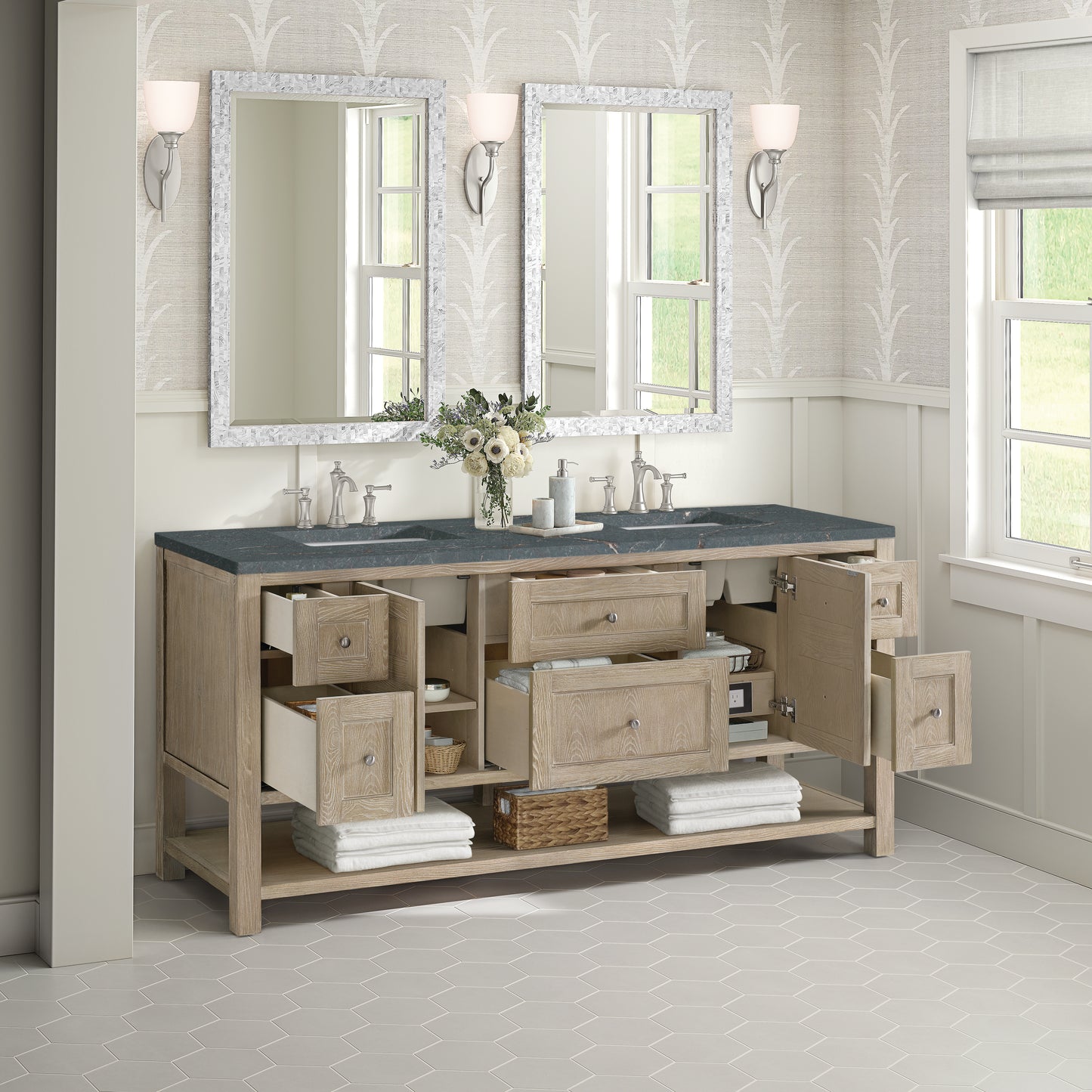 James Martin Vanities Breckenridge 72" Whitewashed Oak Double Vanity With 3 cm Parisien Bleu Silestone Top and FreePower Wireless Charger