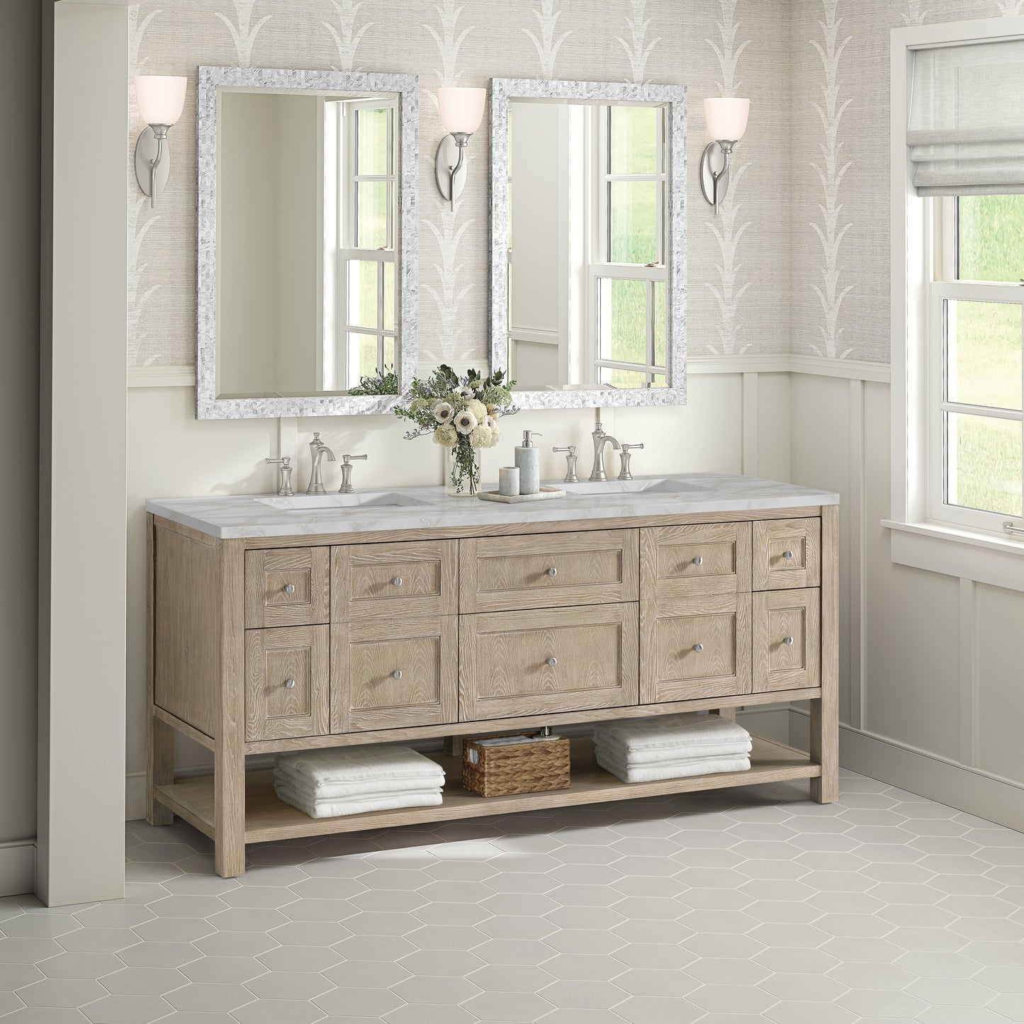 James Martin Vanities Breckenridge 72" Whitewashed Oak Double Vanity With 3 cm Victorian Silver Quartz Top