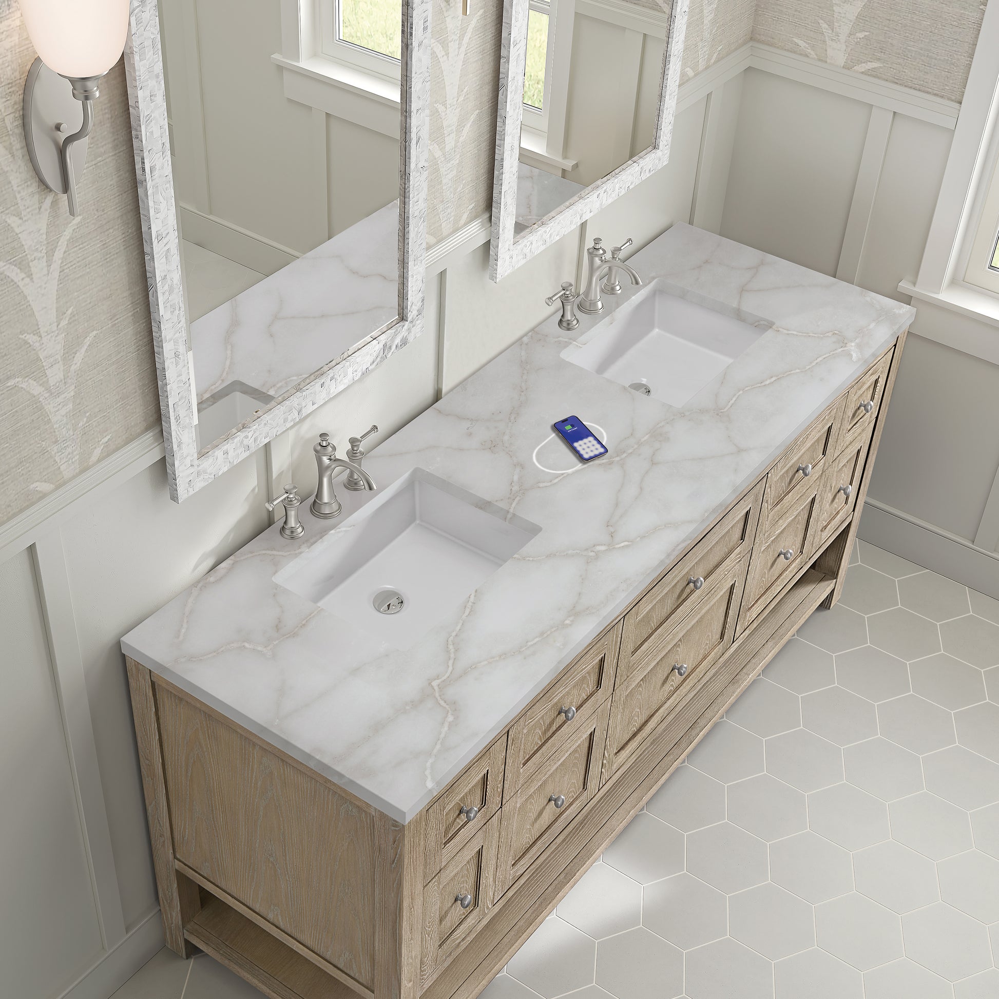 James Martin Vanities Breckenridge 72" Whitewashed Oak Double Vanity With 3 cm Victorian Silver Silestone Top and FreePower Wireless Charger