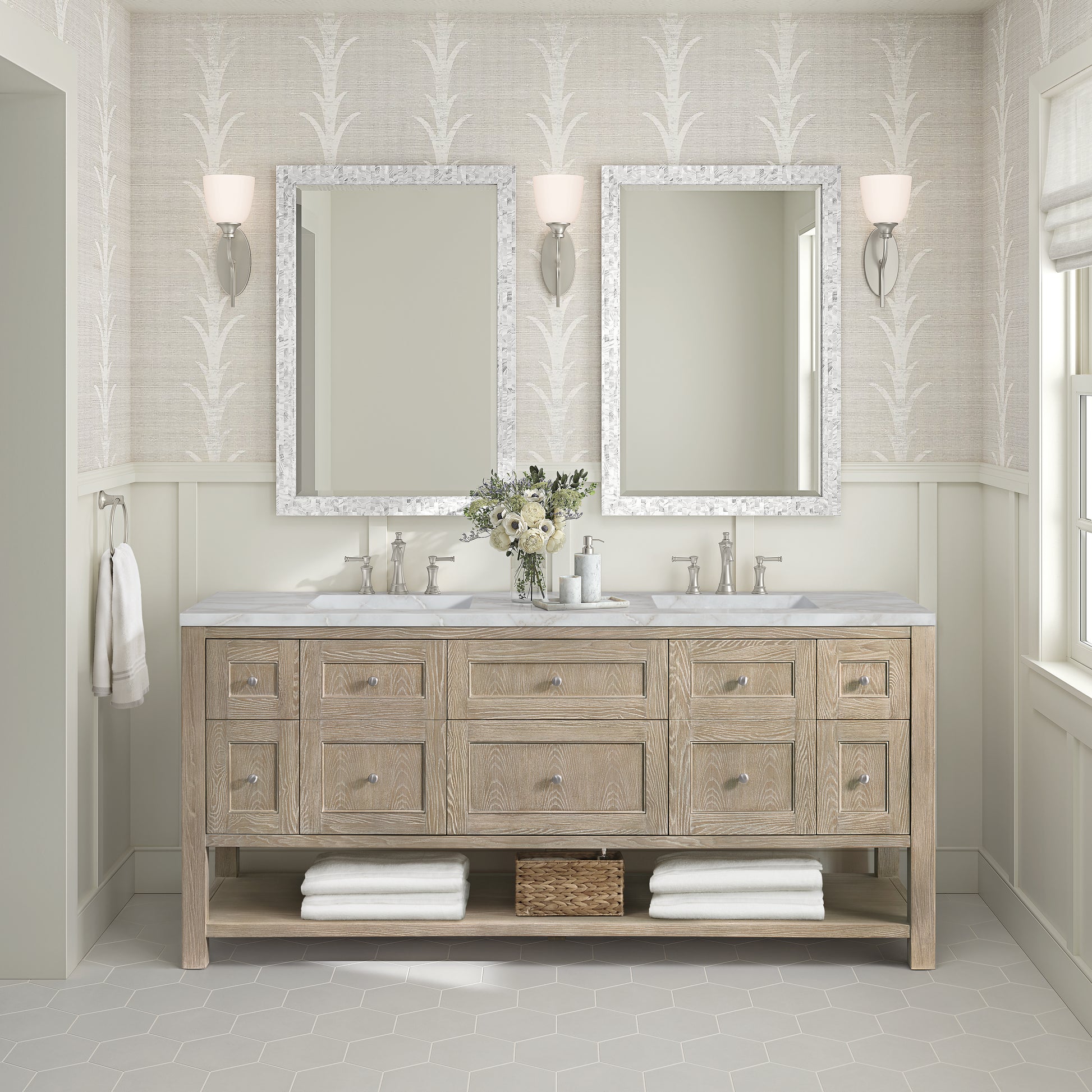James Martin Vanities Breckenridge 72" Whitewashed Oak Double Vanity With 3 cm Victorian Silver Silestone Top and FreePower Wireless Charger