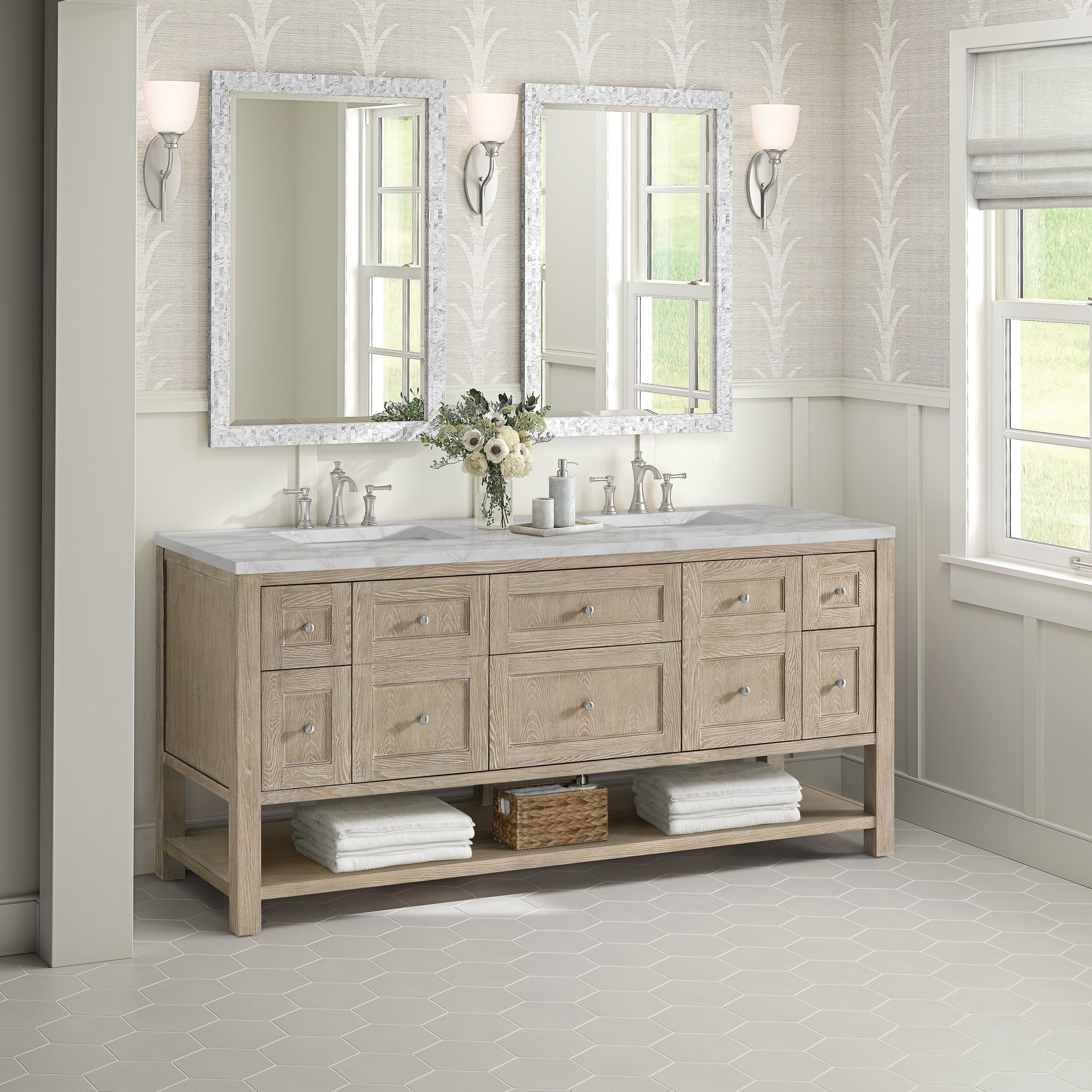James Martin Vanities Breckenridge 72" Whitewashed Oak Double Vanity With 3 cm Victorian Silver Silestone Top and FreePower Wireless Charger