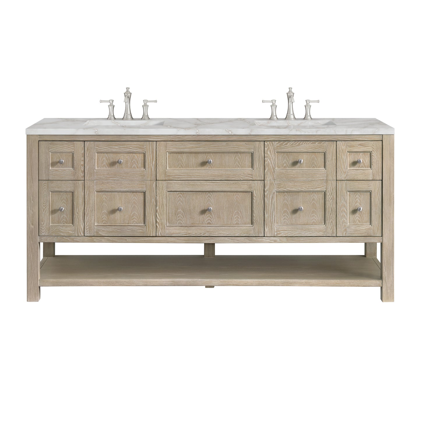 James Martin Vanities Breckenridge 72" Whitewashed Oak Double Vanity With 3 cm Victorian Silver Silestone Top and FreePower Wireless Charger