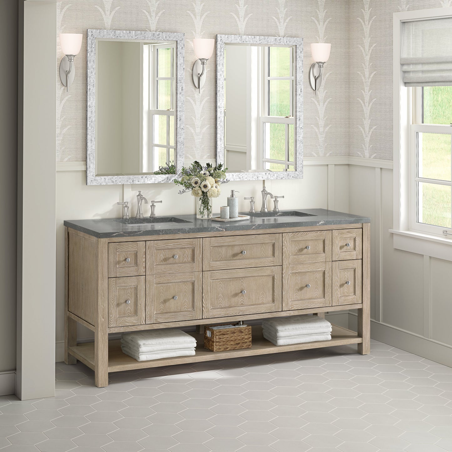 James Martin Vanities Breckenridge 72" Whitewashed Oak Double Vanity With 3 cm White Zeus Quartz Top