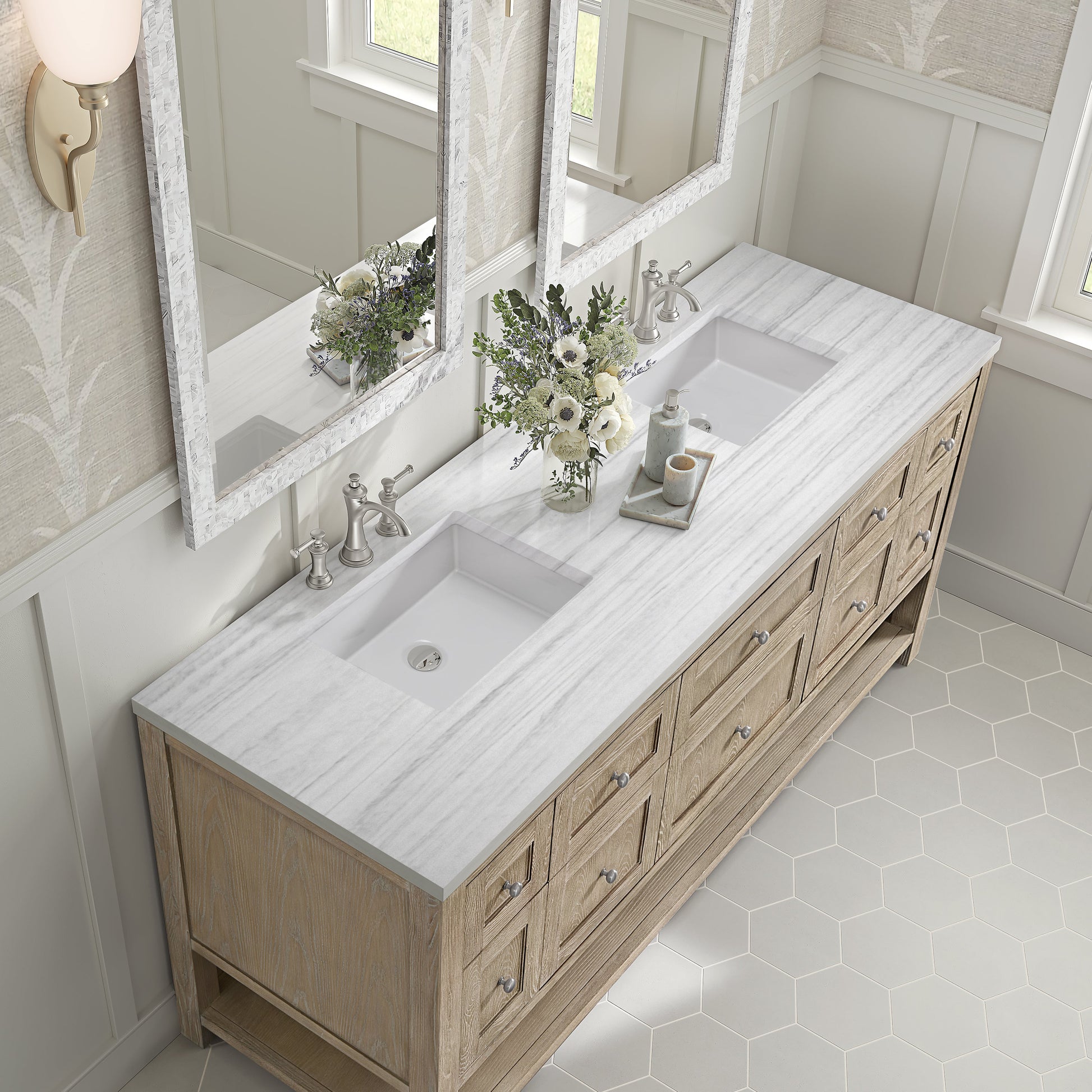 James Martin Vanities Breckenridge 72" Whitewashed Oak Double Vanity With 3 cm White Zeus Quartz Top