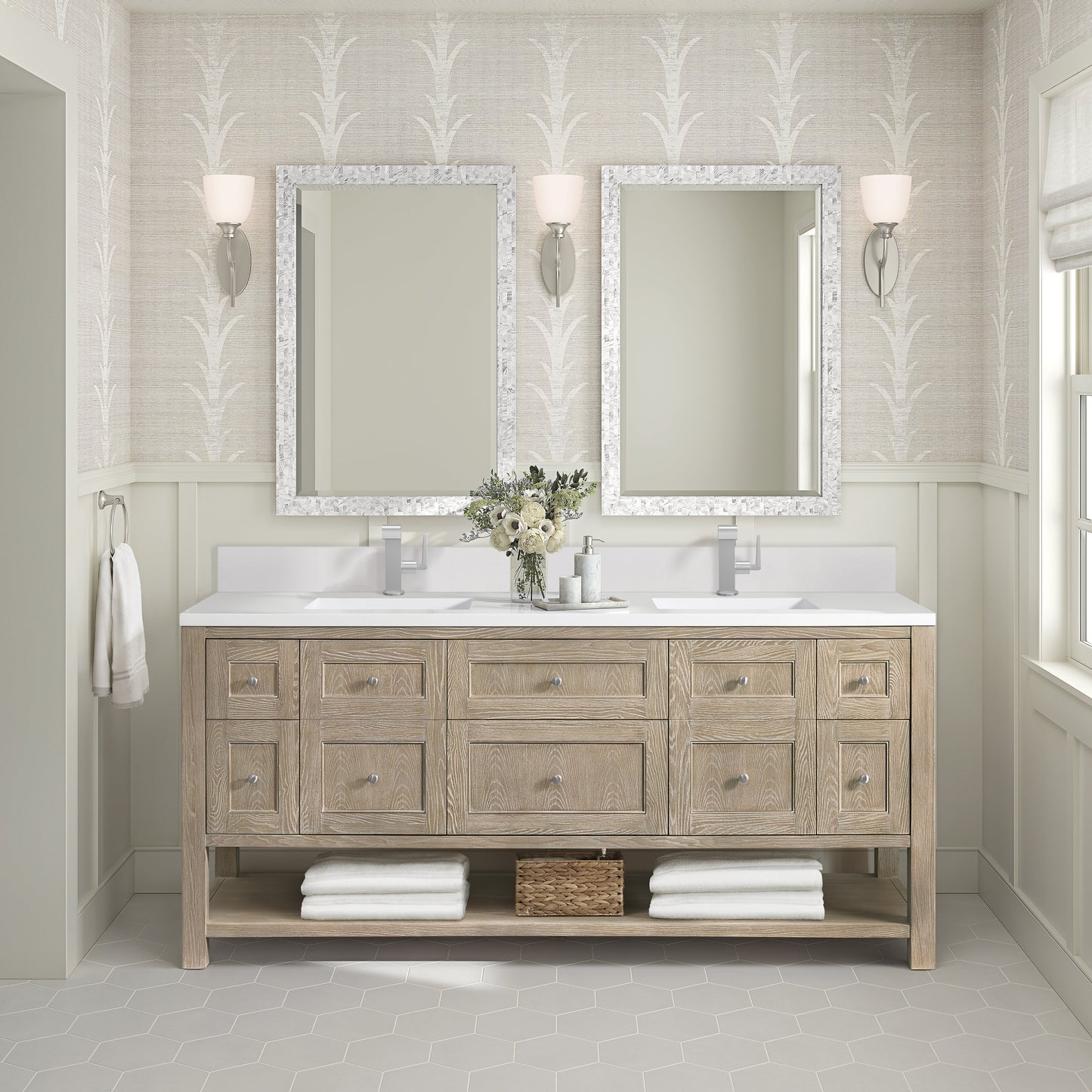 James Martin Vanities Breckenridge 72" Whitewashed Oak Double Vanity With Single Hole 3 cm White Zeus Quartz Top & Backsplash