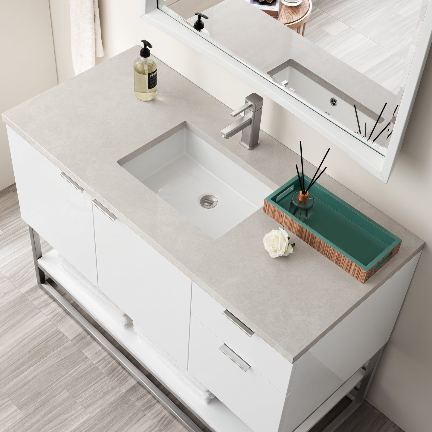 James Martin Vanities Brenlyn 48" W X 22" D X 34.65" H Glossy White Single Bath Vanity With Pietra Grey Quartz Top