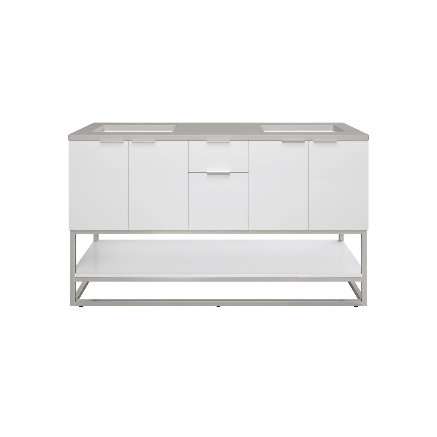 James Martin Vanities Brenlyn 60" W X 22" D X 34.65" H Glossy White Double Bath Vanity With Pietra Grey Quartz Top