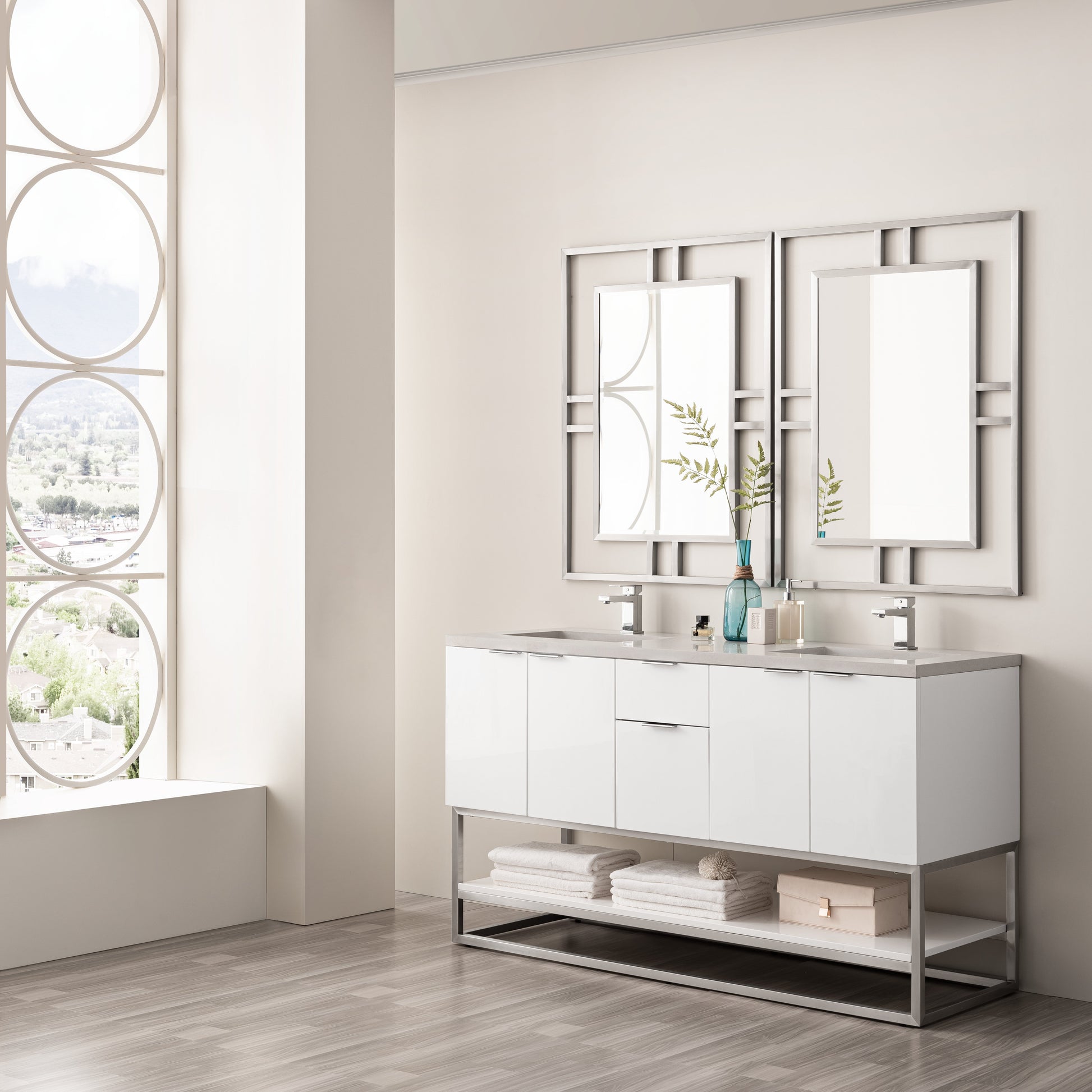 James Martin Vanities Brenlyn 60" W X 22" D X 34.65" H Glossy White Double Bath Vanity With Pietra Grey Quartz Top