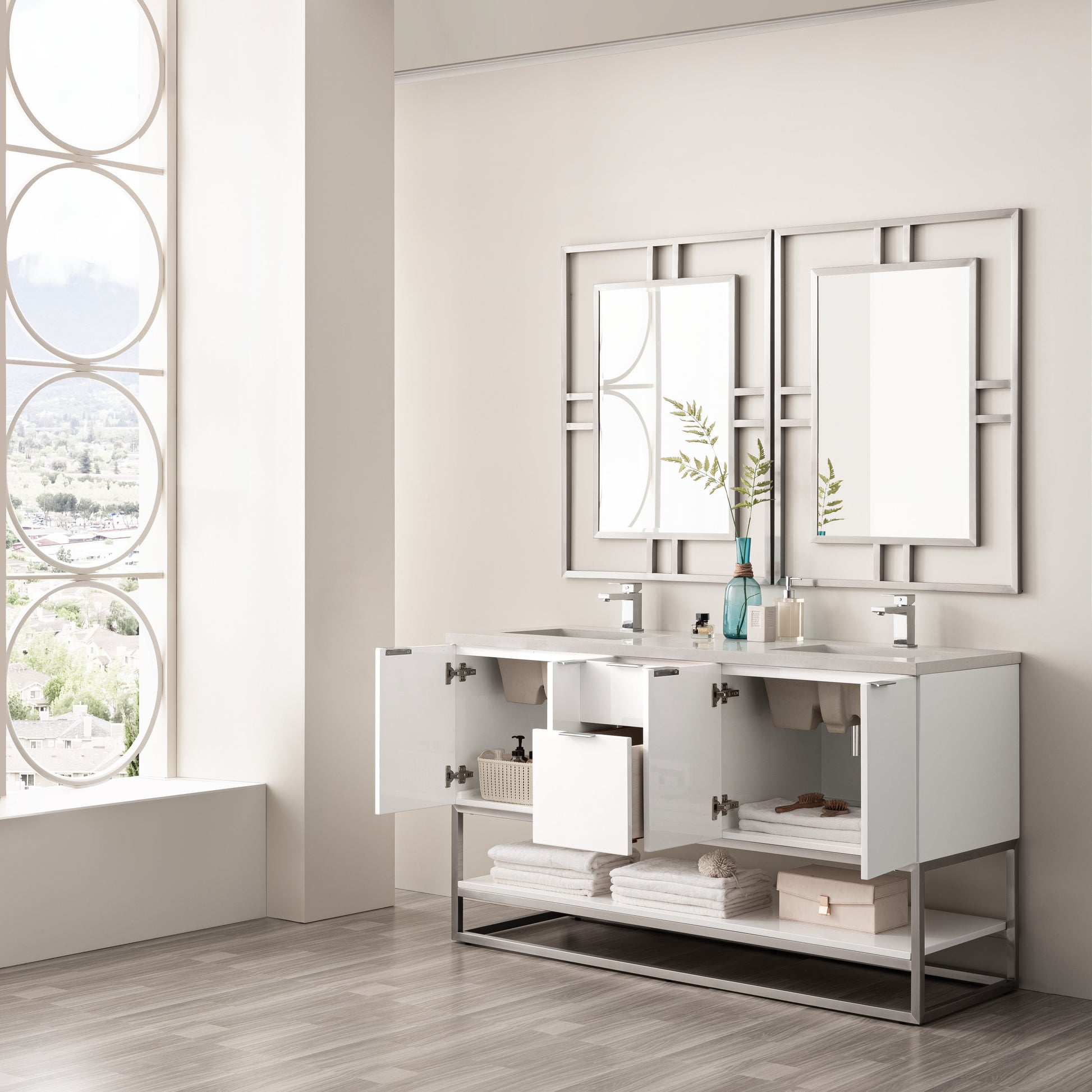 James Martin Vanities Brenlyn 60" W X 22" D X 34.65" H Glossy White Double Bath Vanity With Pietra Grey Quartz Top