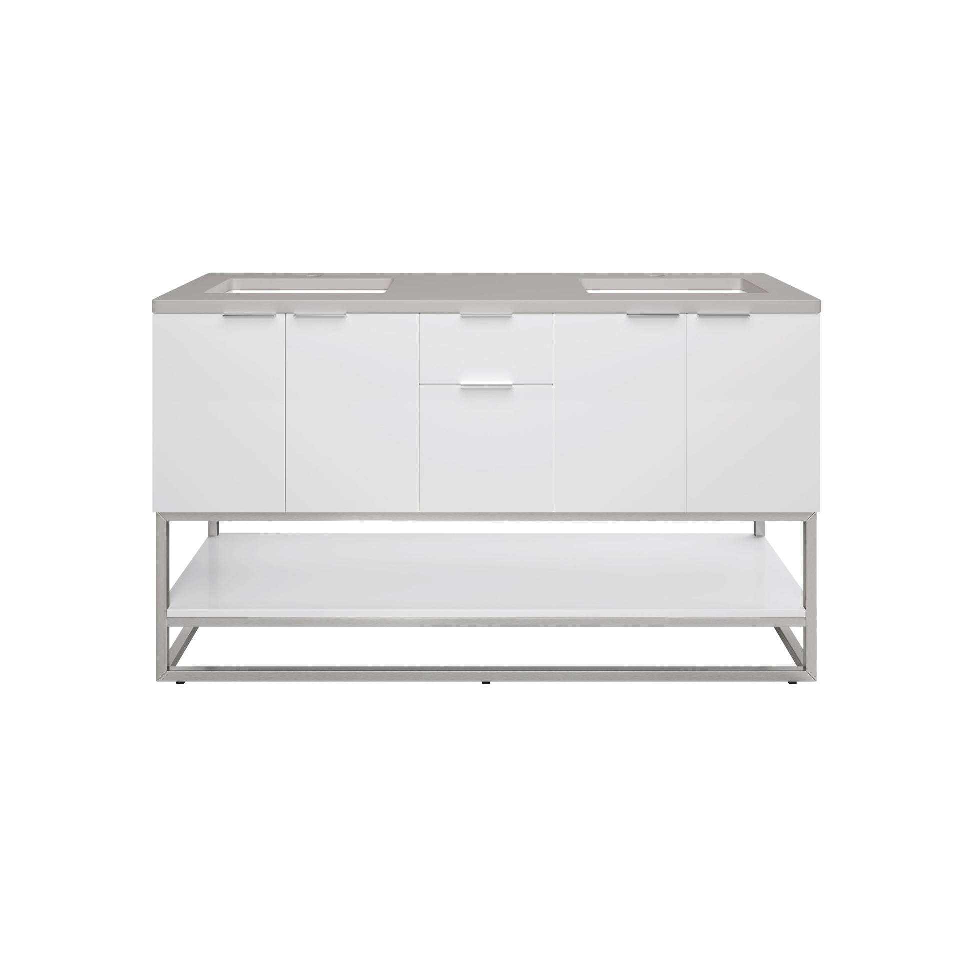 James Martin Vanities Brenlyn 60" W X 22" D X 34.65" H Glossy White Double Bath Vanity With Pietra Grey Quartz Top