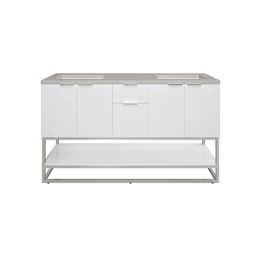 James Martin Vanities Brenlyn 60" W X 22" D X 34.65" H Glossy White Double Bath Vanity With Pietra Grey Quartz Top