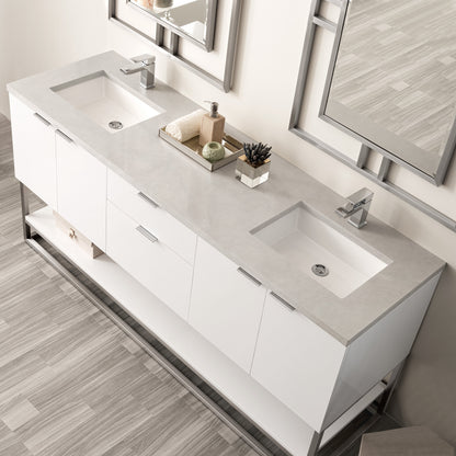 James Martin Vanities Brenlyn 72" W X 22" D X 34.65" H Glossy White Double Bath Vanity With Pietra Grey Quartz Top