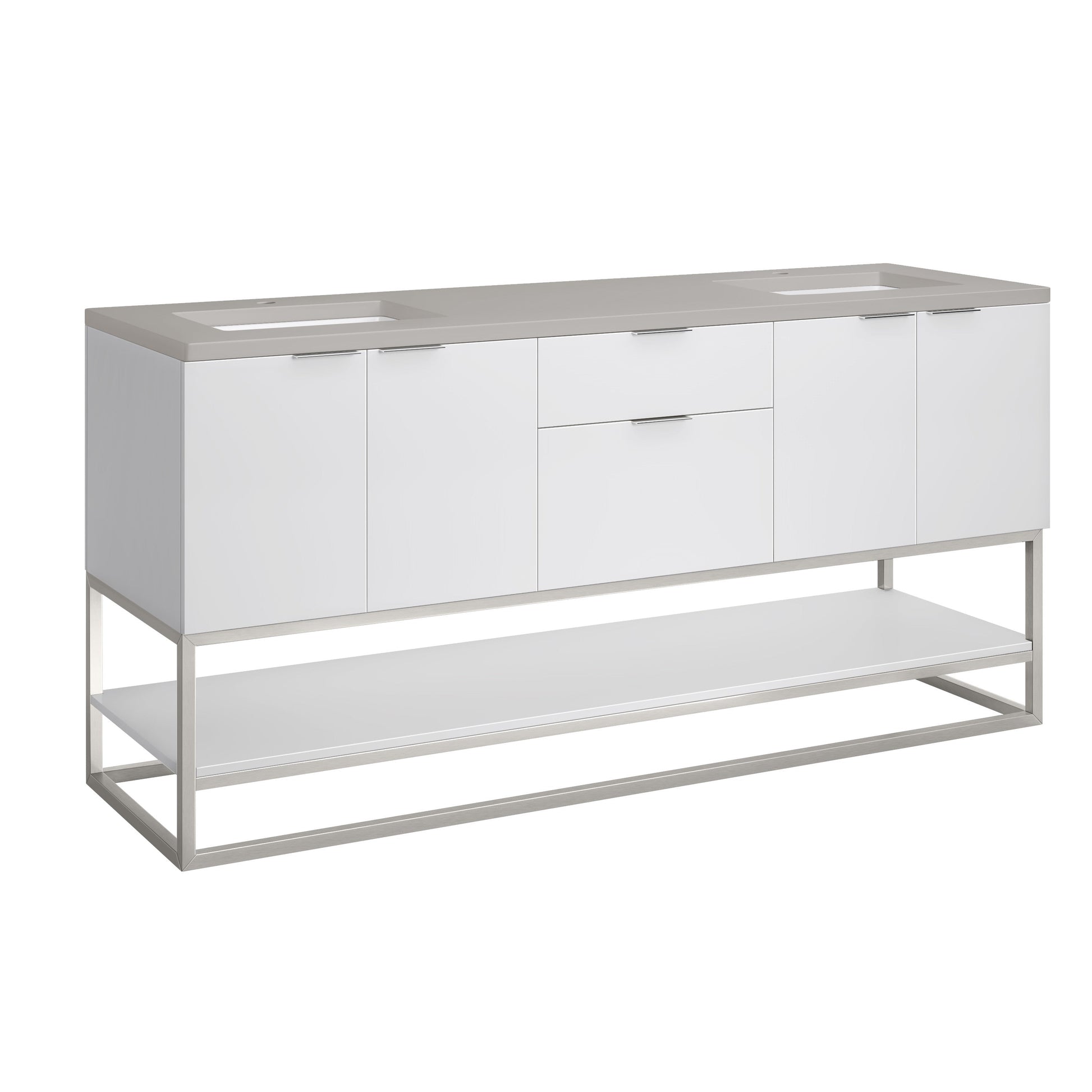 James Martin Vanities Brenlyn 72" W X 22" D X 34.65" H Glossy White Double Bath Vanity With Pietra Grey Quartz Top