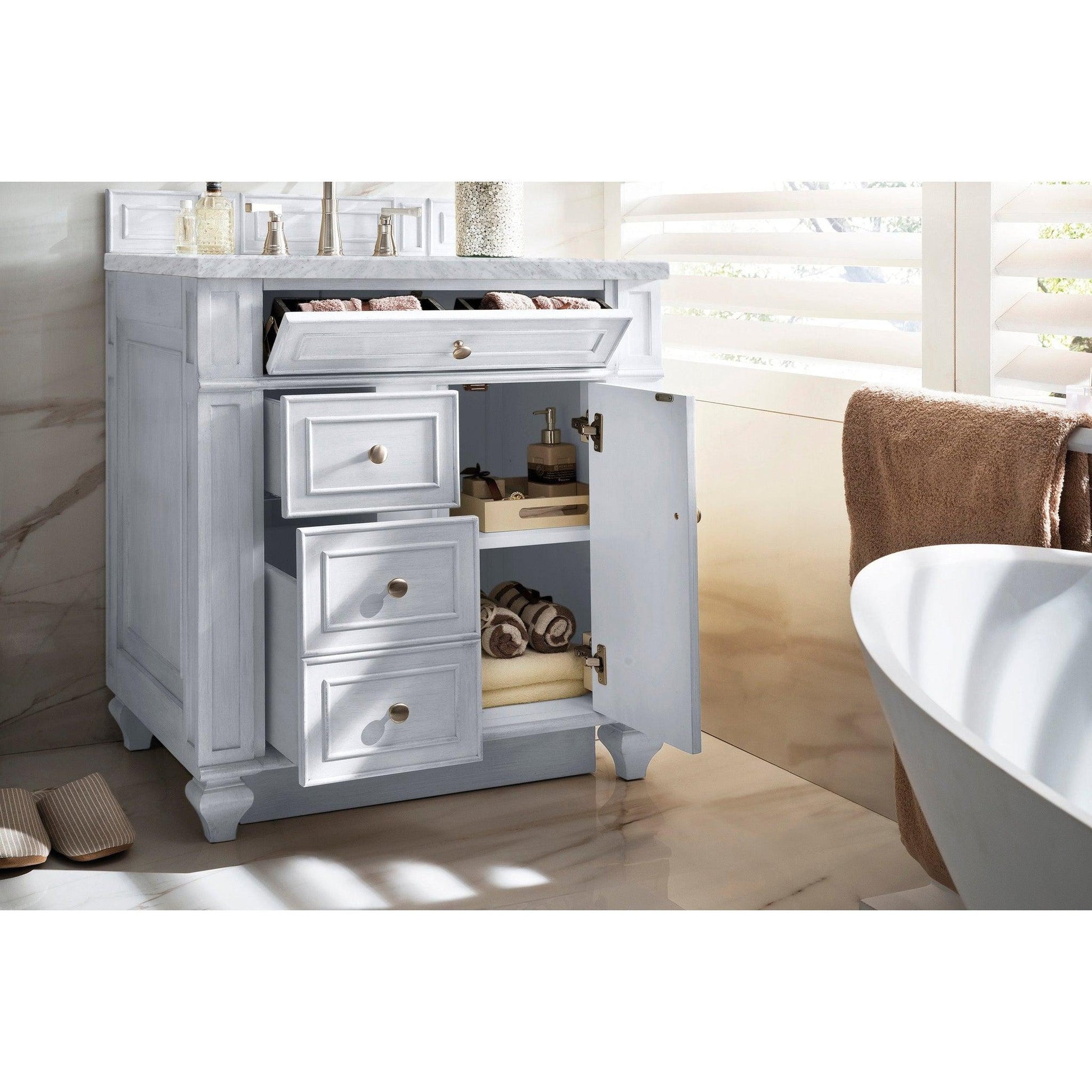 James Martin Vanities Bristol 30" Bright White Single Vanity With 3cm Carrara Marble Top