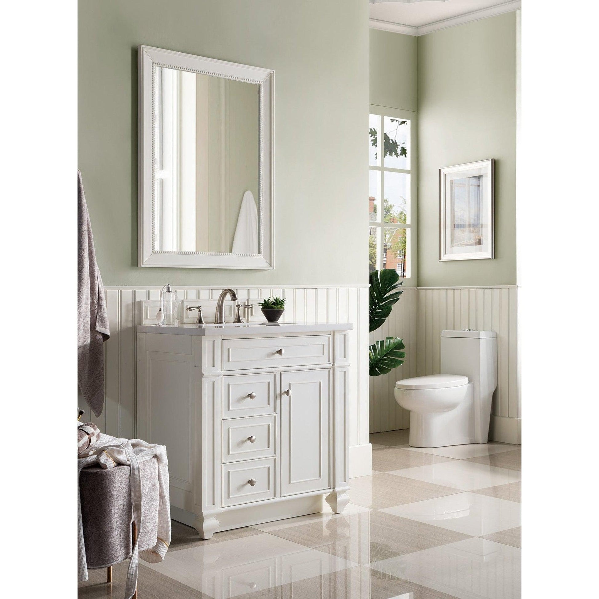 James Martin Vanities Bristol 30" Bright White Single Vanity With 3cm White Zeus Quartz Top