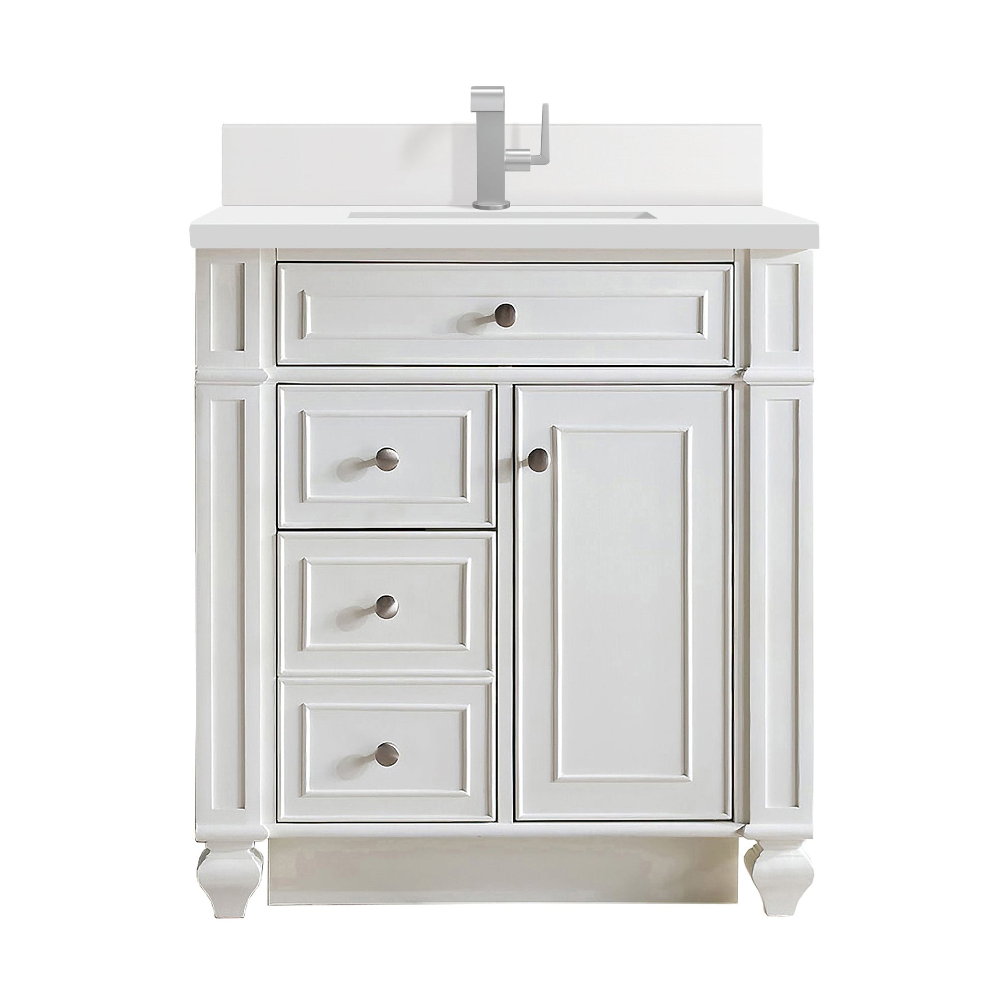 James Martin Vanities Bristol 30" Bright White Single Vanity With Single Hole 3 cm White Zeus Quartz Top & Backsplash