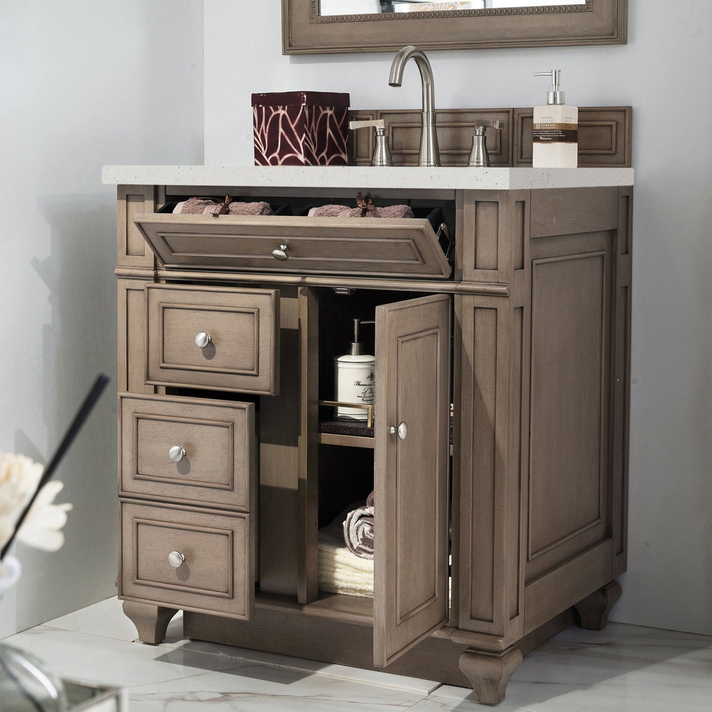 James Martin Vanities Bristol 30" Whitewashed Walnut Single Vanity With 3 cm Lime Delight Quartz Top