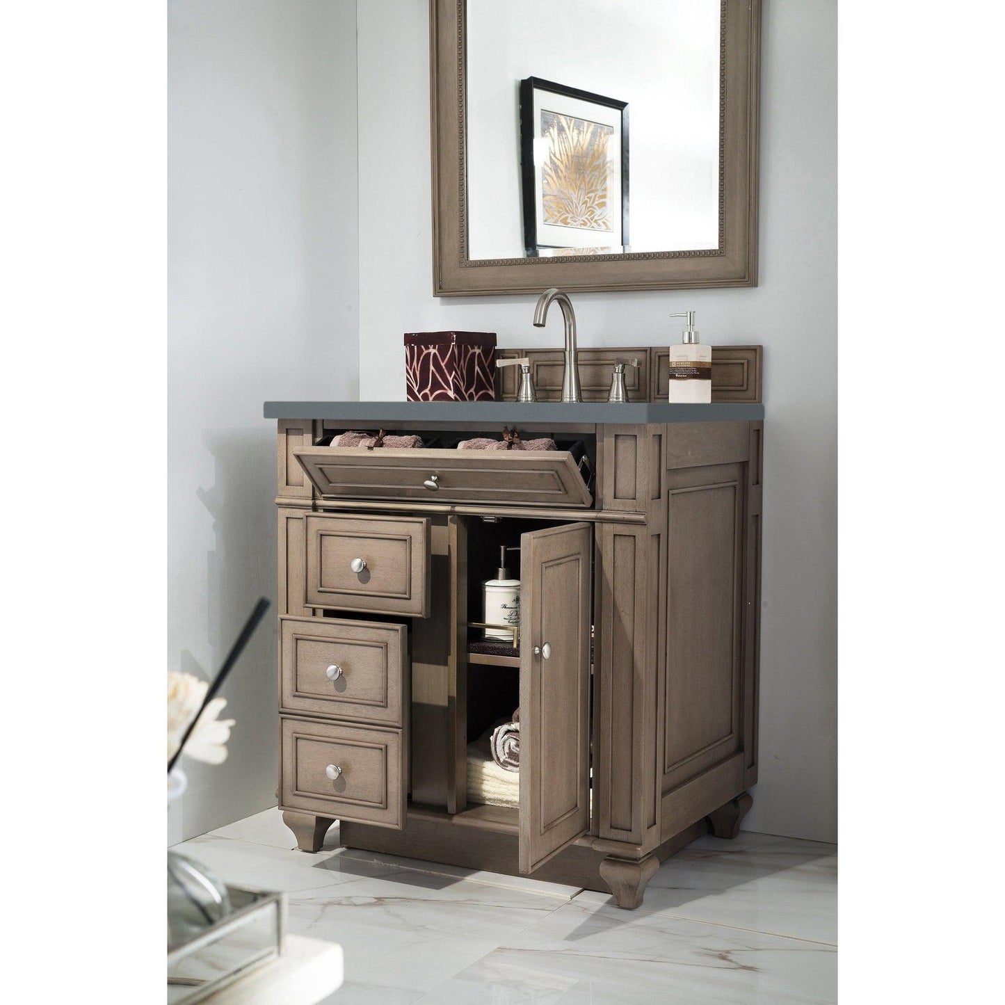 James Martin Vanities Bristol 30" Whitewashed Walnut Single Vanity With 3cm Cala Blue Quartz Top