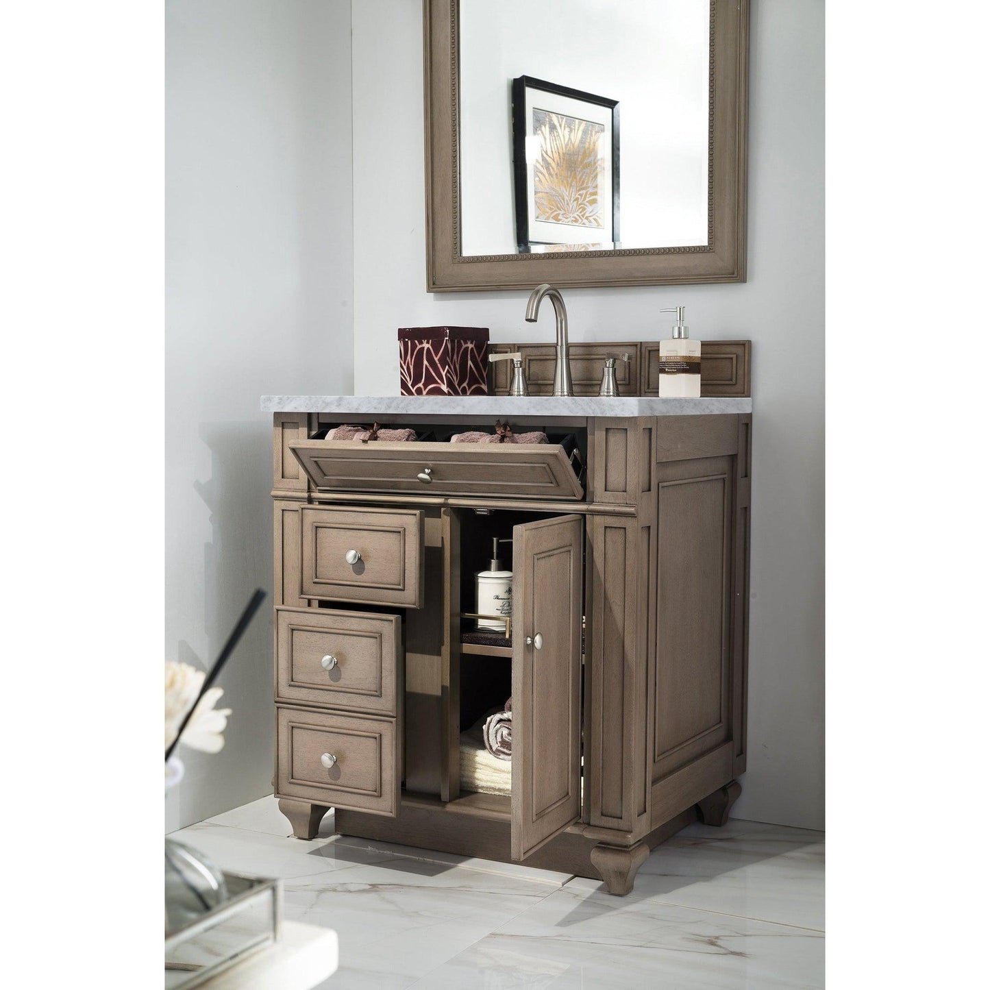 James Martin Vanities Bristol 30" Whitewashed Walnut Single Vanity With 3cm Carrara Marble Top