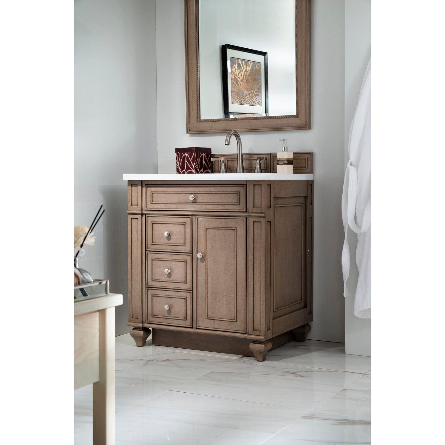 James Martin Vanities Bristol 30" Whitewashed Walnut Single Vanity With 3cm White Zeus Quartz Top