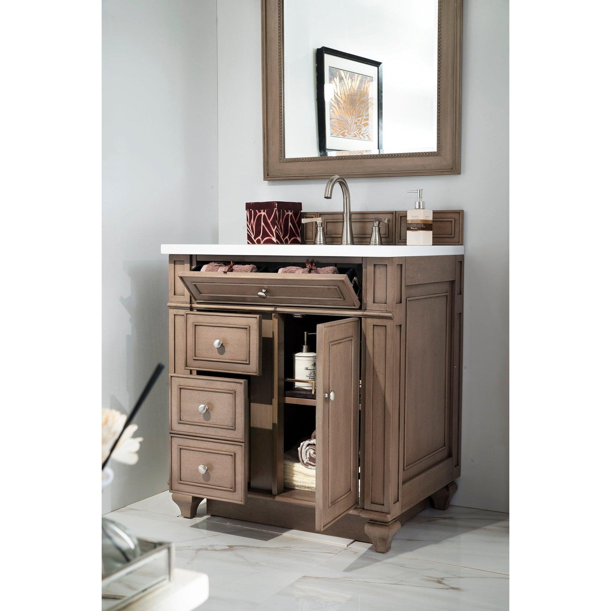 James Martin Vanities Bristol 30" Whitewashed Walnut Single Vanity With 3cm White Zeus Quartz Top