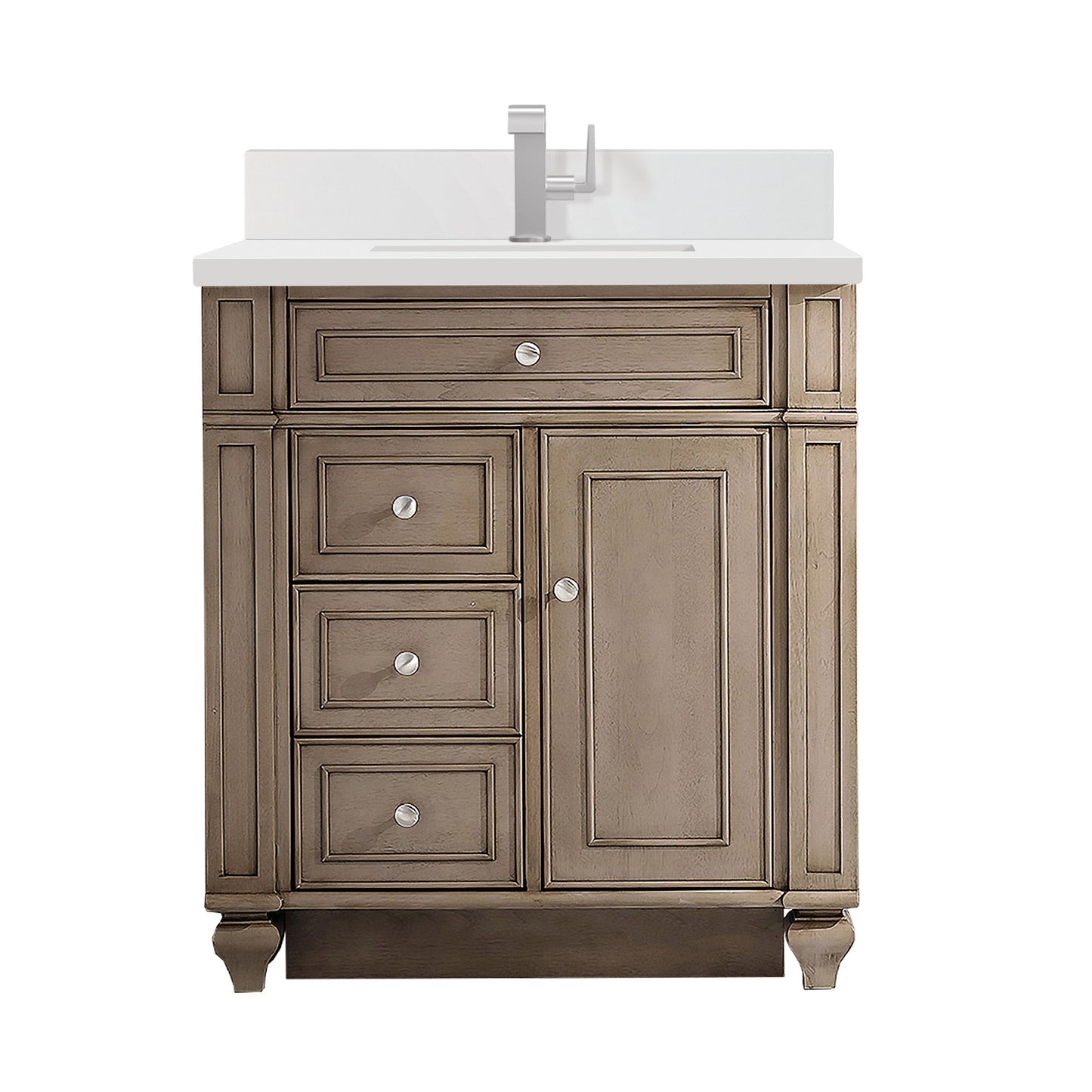 James Martin Vanities Bristol 30" Whitewashed Walnut Single Vanity With Single Hole 3 cm White Zeus Quartz Top & Backsplash