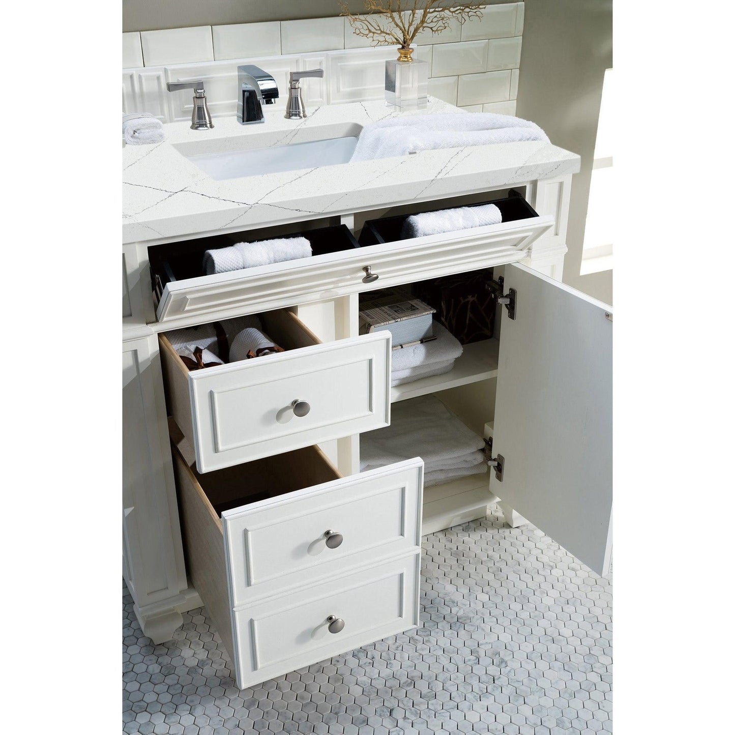 James Martin Vanities Bristol 36" Bright White Single Vanity With 3cm Ethereal Noctis Quartz Top