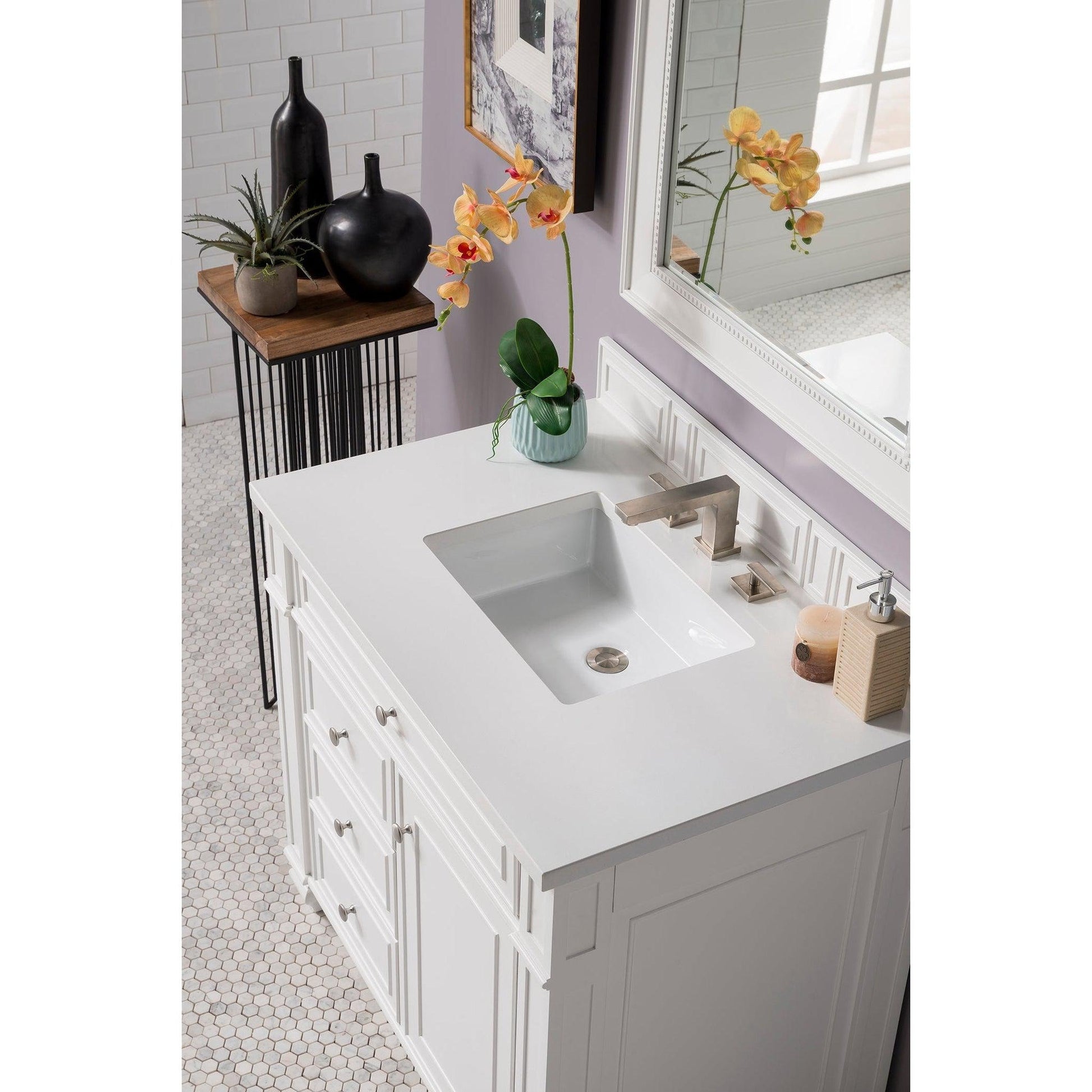 James Martin Vanities Bristol 36" Bright White Single Vanity With 3cm White Zeus Quartz Top