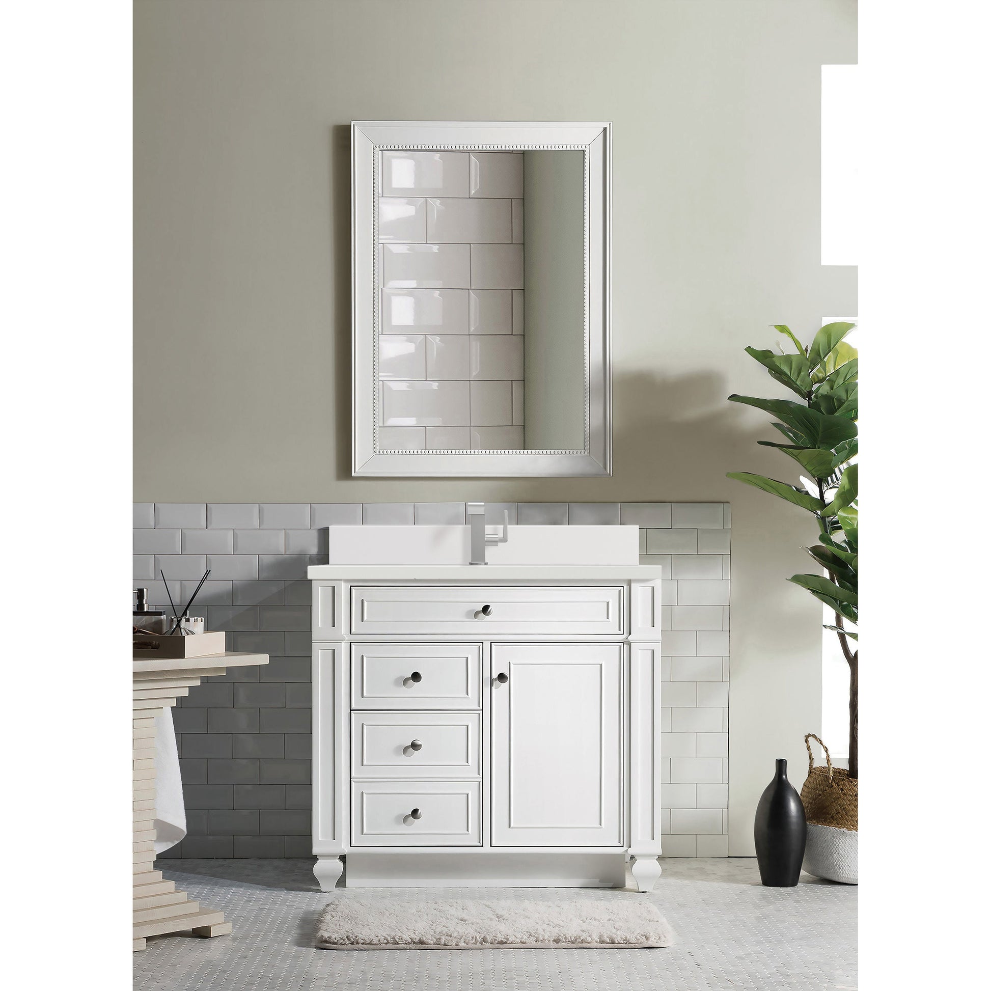 James Martin Vanities Bristol 36" Bright White Single Vanity With Single Hole 3 cm White Zeus Quartz Top & Backsplash