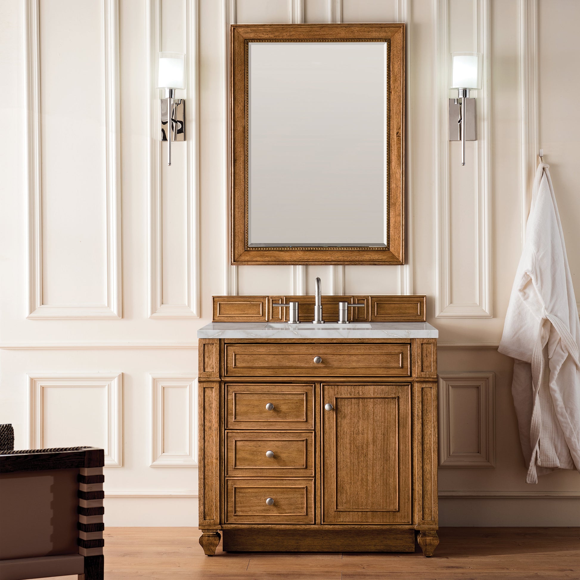 James Martin Vanities Bristol 36" Saddle Brown Single Vanity With 3 cm Victorian Silver Quartz Top