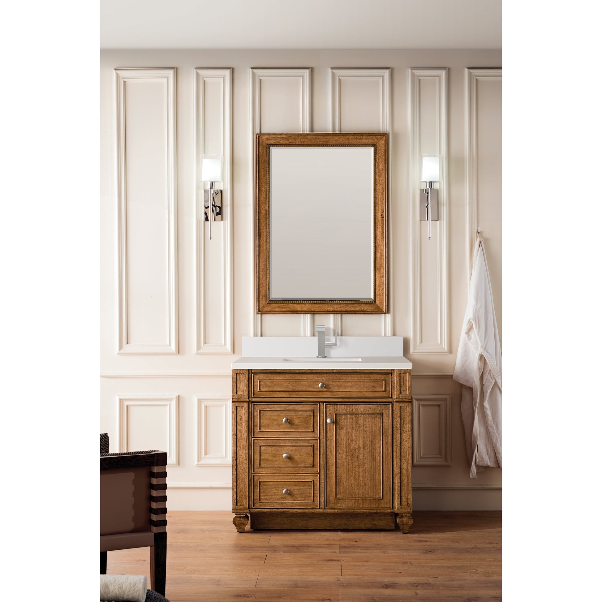 James Martin Vanities Bristol 36" Saddle Brown Single Vanity With Single Hole 3 cm White Zeus Quartz Top & Backsplash