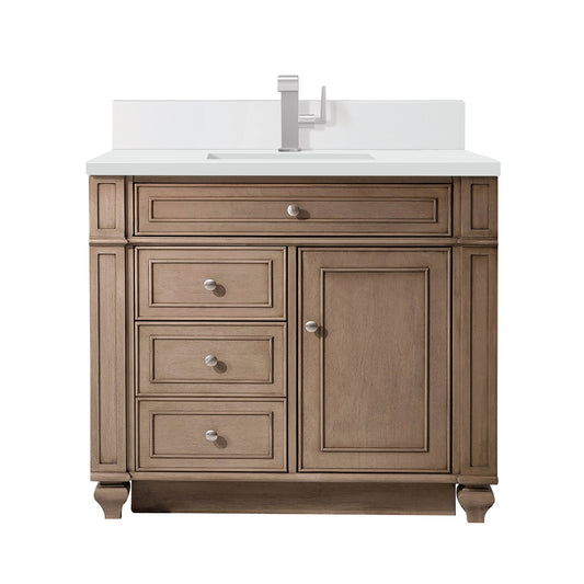 James Martin Vanities Bristol 36" Whitewashed Walnut Single Vanity With Single Hole 3 cm White Zeus Quartz Top & Backsplash