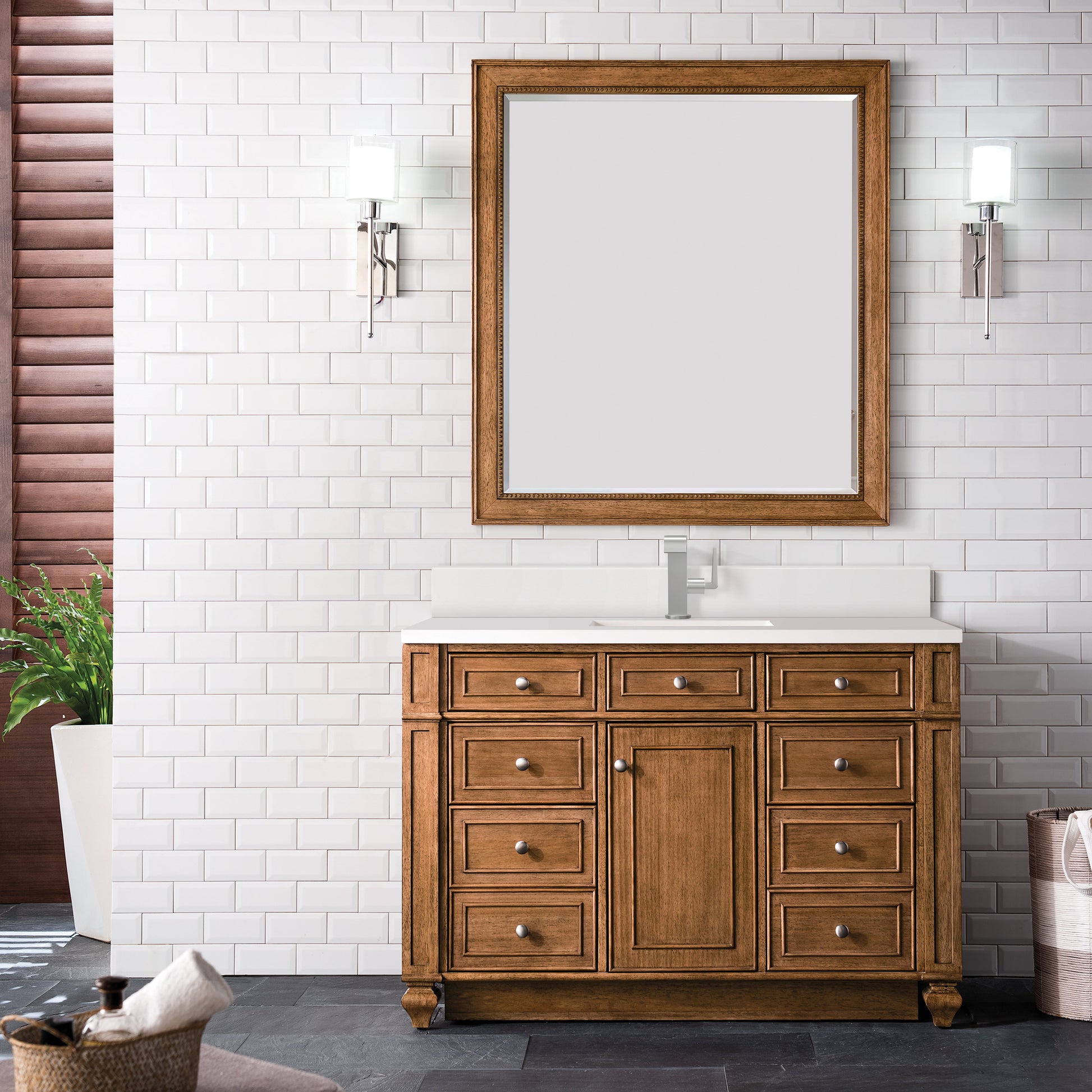 James Martin Vanities Bristol 48" Saddle Brown Single Vanity With Single Hole 3 cm White Zeus Quartz Top & Backsplash