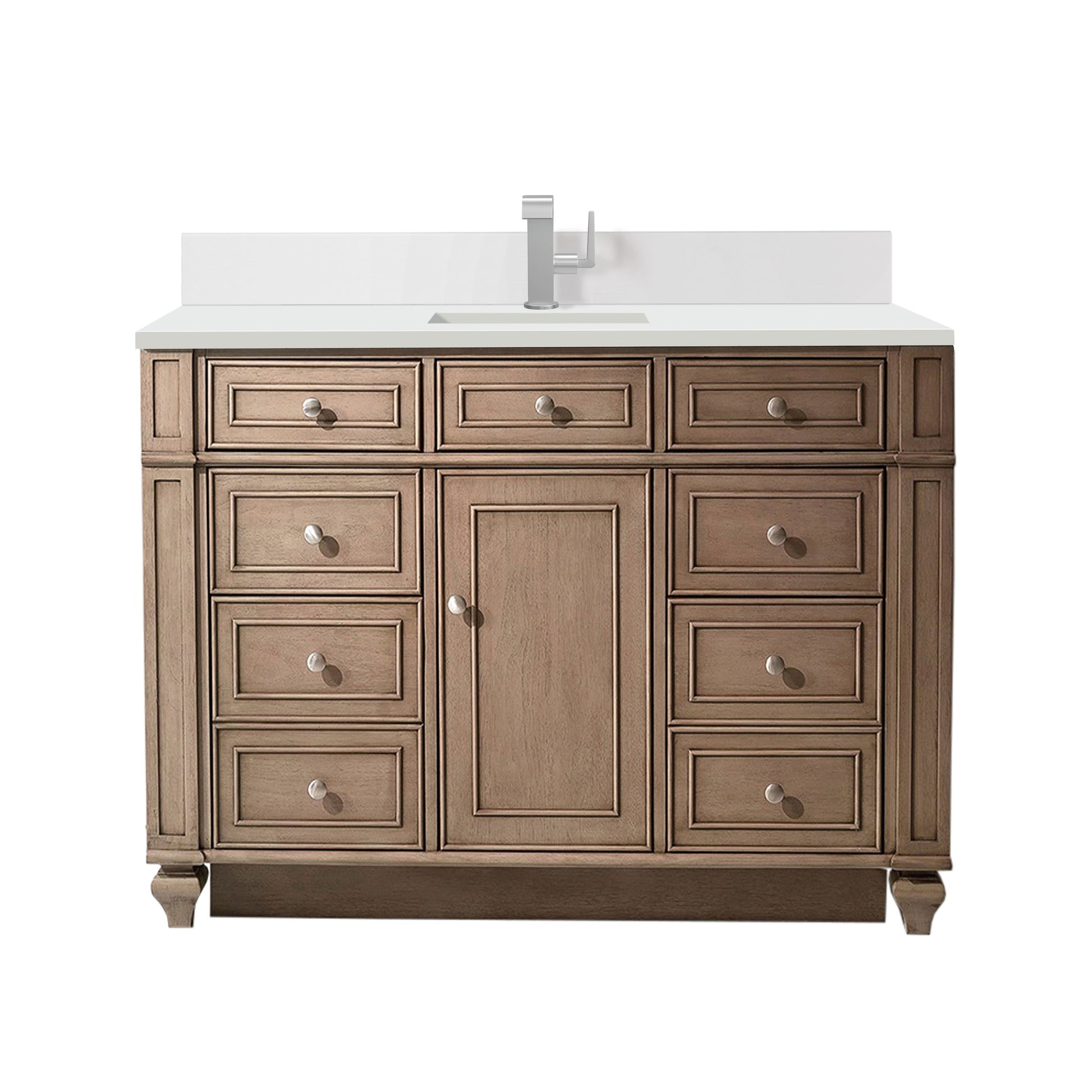 James Martin Vanities Bristol 48" Whitewashed Walnut Single Vanity With Single Hole 3 cm White Zeus Quartz Top & Backsplash