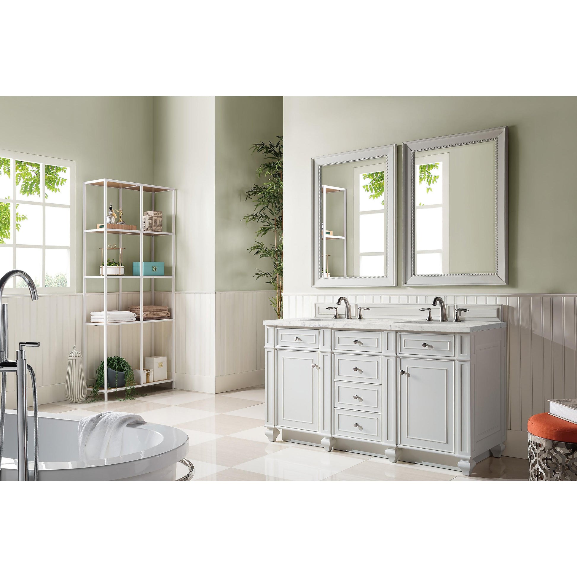 James Martin Vanities Bristol 60" Bright White Double Vanity With 3 cm Eternal Jasmine Pearl Silestone Top and FreePower Wireless Charger