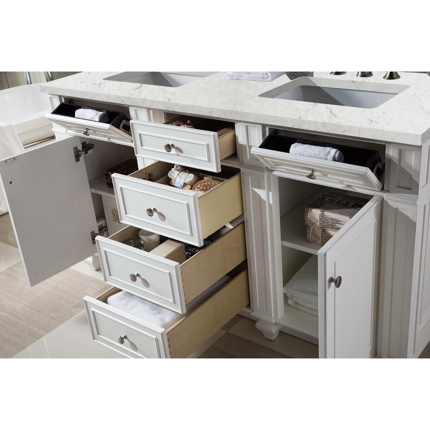James Martin Vanities Bristol 60" Bright White Double Vanity With 3 cm Eternal Jasmine Pearl Silestone Top and FreePower Wireless Charger