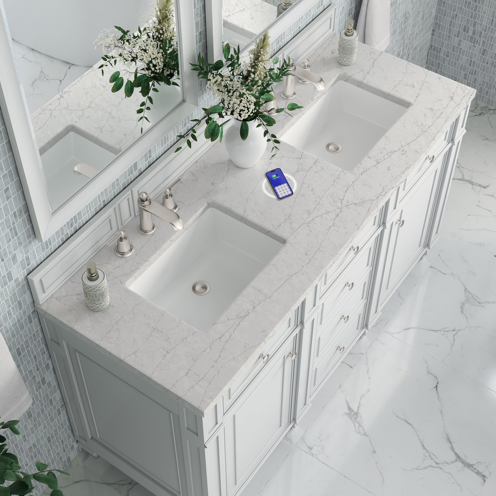 James Martin Vanities Bristol 60" Bright White Double Vanity With 3 cm Eternal Jasmine Pearl Silestone Top and FreePower Wireless Charger