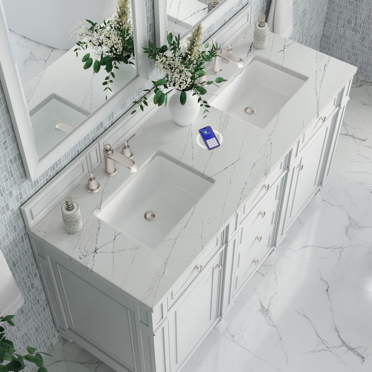 James Martin Vanities Bristol 60" Bright White Double Vanity With 3 cm Ethereal Noctis Silestone Top and FreePower Wireless Charger